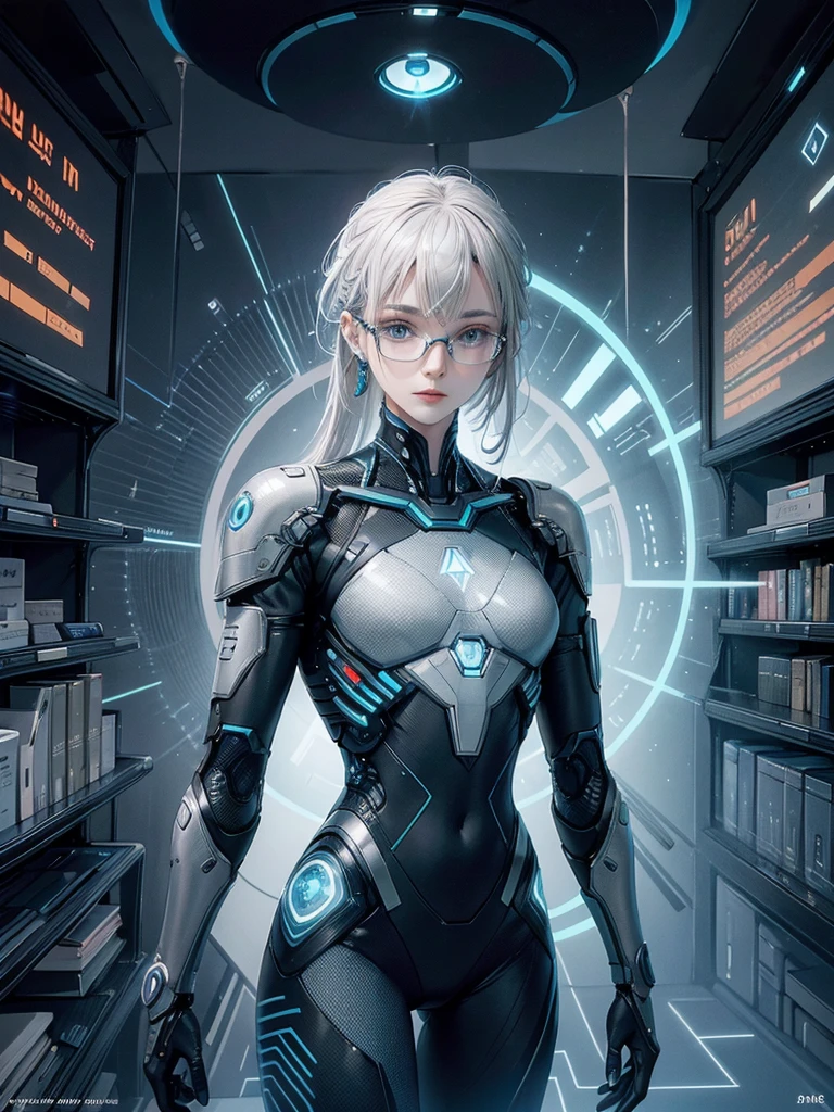 A humanoid AI with an intellectual and composed demeanor, wearing a sleek, tailored suit in deep blue or gray with futuristic accents. The suit features subtle cybernetic details and shiny materials. The AI has neatly styled platinum blonde or silver hair and piercing blue or green eyes with faint digital patterns. Accessories include minimalist earphones and refined glasses. A small holographic display projects data from the AI's back. The setting is a high-tech digital library, with shelves of books and floating data screens. The AI is depicted in a contemplative stance, either flipping through a book or interacting with a data screen.