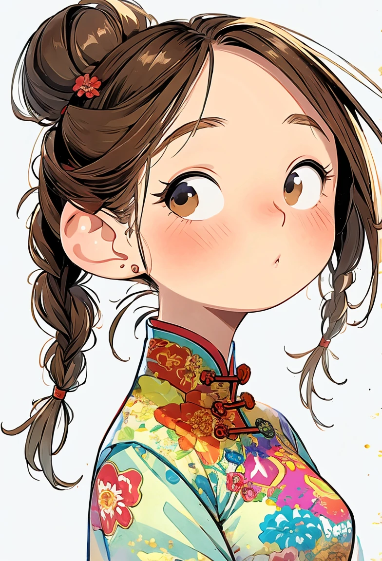 (masterpiece, best quality:1.2), watercolor,cartoonish character design。1 girl, Solitary,big eyes,Cute expression,Two braids,cheongsam,portrait,interesting,interesting,Clear lines,Leave blank,
