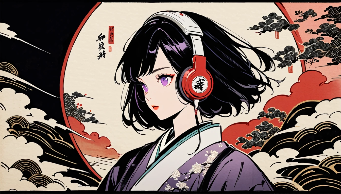 Purple Eyes, Ink Painting, 1 girl, tattoo, sunglasses, Japanese style headphones, beautiful girl, Black Hair, peace, Delicate and precise, Modern ukiyo-e style, Multicolored background