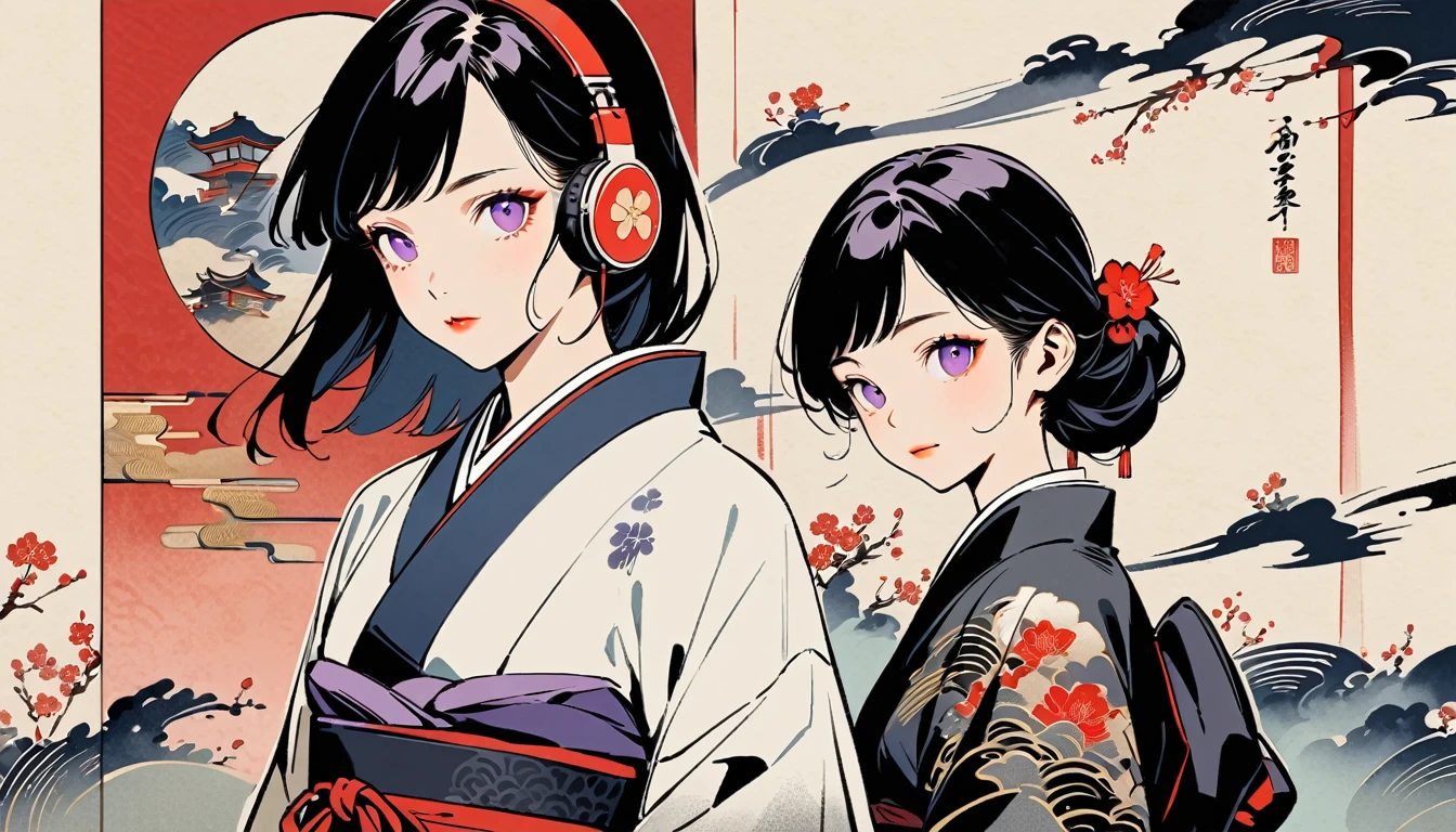 Purple Eyes, Ink Painting, 1 girl, tattoo, sunglasses, Japanese style headphones, beautiful girl, Black Hair, peace, Delicate and precise, Modern ukiyo-e style, Multicolored background