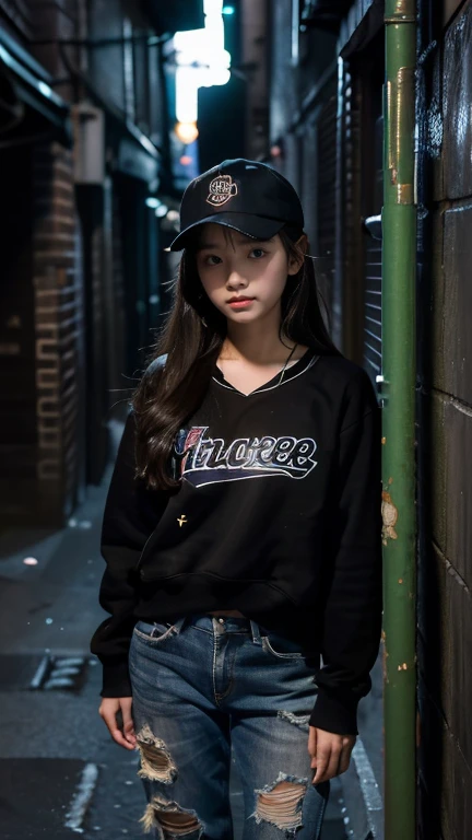 (((11 year old girl))), (((standing in dark alley downtown))), (((midnight))), alone, Japanese, medium hair, wearing cap, straight face, no smile, angry expression, no eye contact with viewer, old stadium jumper and crushed damaged jeans Poorly dressed, looks like a prostitute, back alley in old European city, streetlight illuminates girl's face in darkness, movie scene, high resolution, highly detailed, fine detail, masterpiece, top quality, awards, highest resolution, photorealistic, raw photo, 8K wallpaper