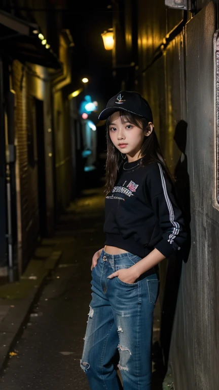 (((11 year old girl))), (((standing in dark alley downtown))), (((midnight))), alone, Japanese, medium hair, wearing cap, straight face, no smile, angry expression, no eye contact with viewer, old stadium jumper and crushed damaged jeans Poorly dressed, looks like a prostitute, back alley in old European city, streetlight illuminates girl's face in darkness, movie scene, high resolution, highly detailed, fine detail, masterpiece, top quality, awards, highest resolution, photorealistic, raw photo, 8K wallpaper