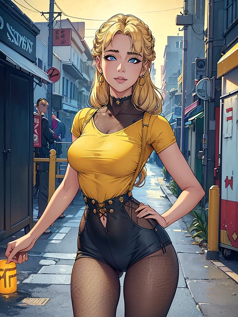 Just one girl,white skin,(glow up),Best quality, 4k, high resolution, body stuck dress, perfect smile, gorgeous, light skin, ahegao face, black eyes,(beautiful eyes),detail eyes, realastic eyes,  long hair , blonde hair (hair colour is blonde) ,straight hair, pony tail hair, wearing a short yellow tee  (top is yellow colour) and wearing black high-waisted  short jean, short jean),and wearing skinny stalking pantyhose(fishnet stalking pantyhose), wearing leg harness (thigh harness),  clothes are stuck in body, bodyfit outfit,1 girl, solo, seductive look, elegance and charm, (masterpiece, best quality, high resolution), looking at the viewer, standing, (intricate and beautiful:1.2), (detailed light:1.2), (soft light, side light), (high resolution textures) , outdoor, white skin girl ,outdoor background, sun light, attractive, sexy, mature and hot, young,(masterpiece:1.3), (disorganized:1.3), (highest quality:1.3), perfect anatomy, detailed face, front view, perfect right hands, looking at viewer, (Super detailed:1.3), (best shadow:0.7), (treated hair), fine eyes, beautiful eyes, young aged woman, alone, standing, crystal earrings,closed_mouth, , outdoors, arrogant face, small ,outfit detail,
Correct outfut details,thick thighs,