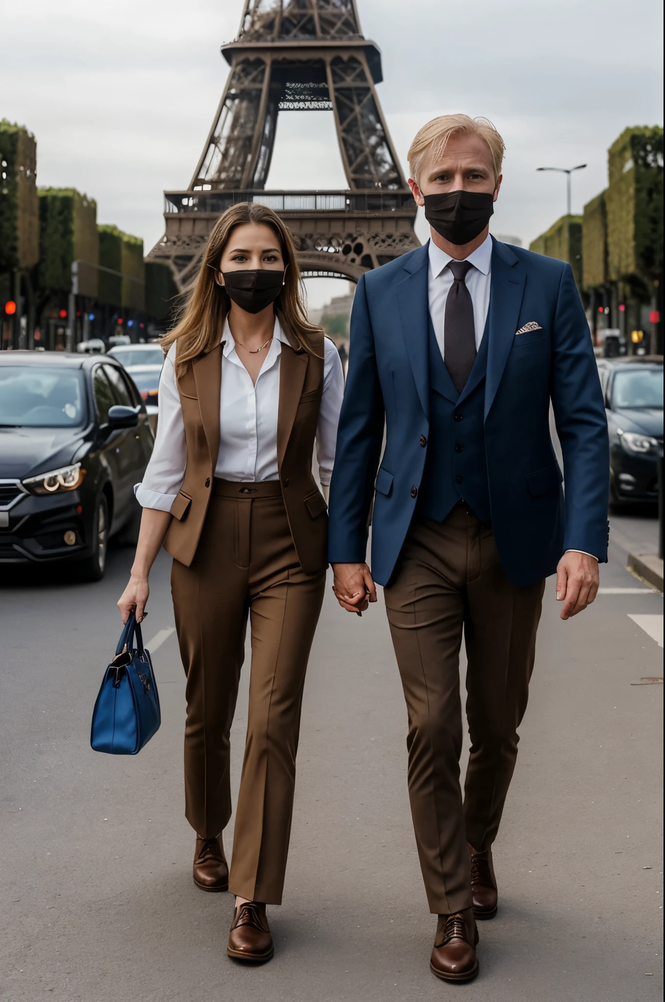 Front view, Full-body, couple is standing pose , on street , in Paris, looking Eiffel Tower, everyone nothing people, 2021 years ,(1 male and 1 female is exist), (1 male Englishman, 1 boy is 50 age old), ( blond hair, long hair, handsome face mask, panic ), English gentleman ( blue suit style, suit , vest, pants, (brown shoes)), 1man and 1 woman is couple, looking back, demo , many people striking, black smog, riot UHD, masterpiece, retina, anatomically correct, accurate, textured skin, super detail, high quality, high details,