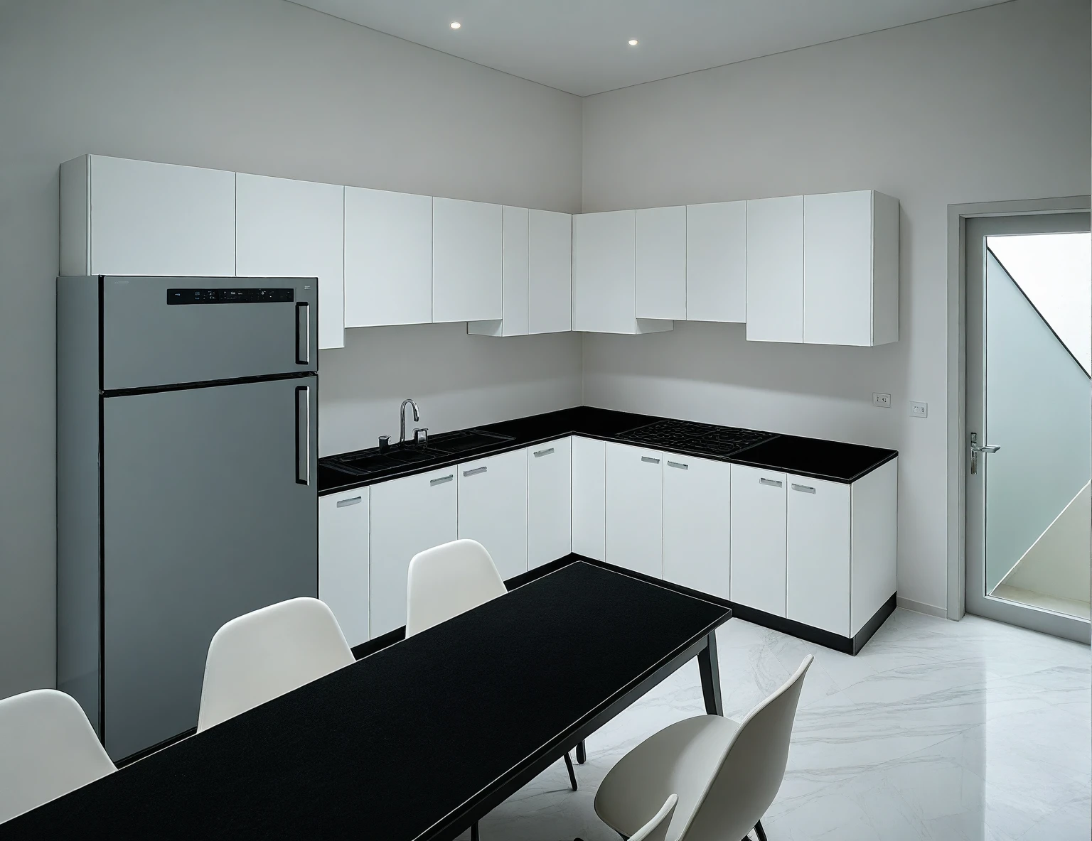 Raw photo,Masterpiece, high quality, best quality, authentic, super detail,
indoors, interior , ((kitchen and dining :1.3)), modern style, daylight, (WHITE WALL),luxury, marble tile floor, fridge, black stone counter top