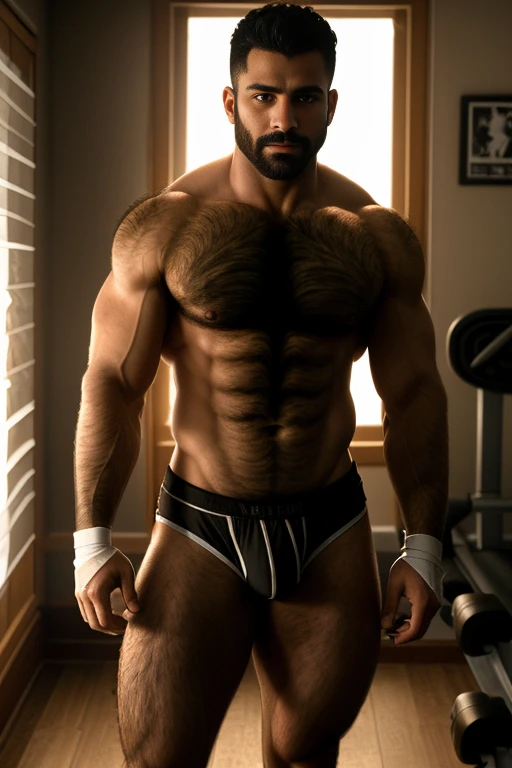High Quality,Rich details,complex background,1man,large pectoral muscle,Abdominal muscles,jockstrap,gym looker room,Arab male, dramatic lighting, Barefoot,Bandages,Diablo,cowboy shot, (super hairy chest, hairy chest)