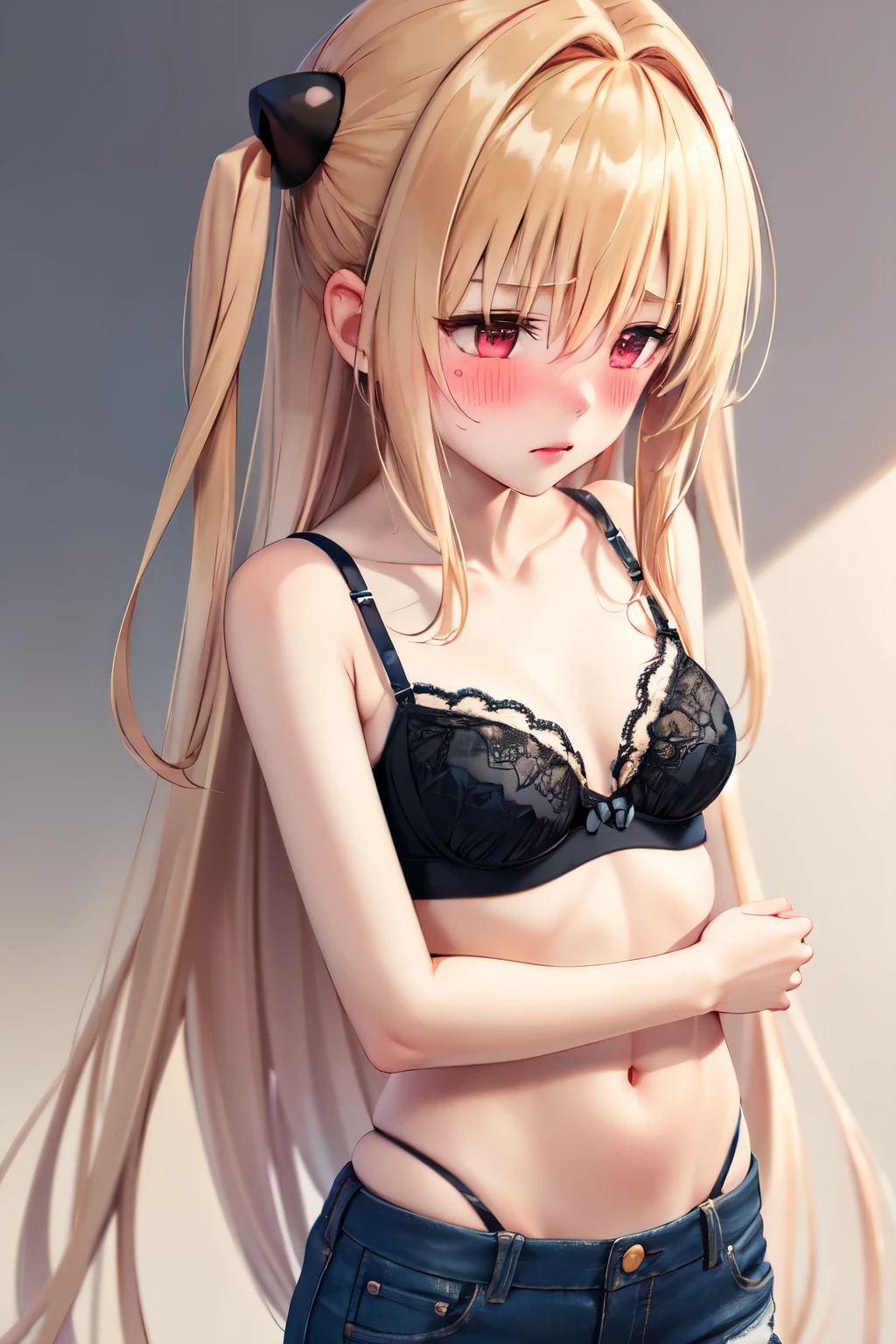 blush, emotional, long hair, underwear, bra, panties, shy,