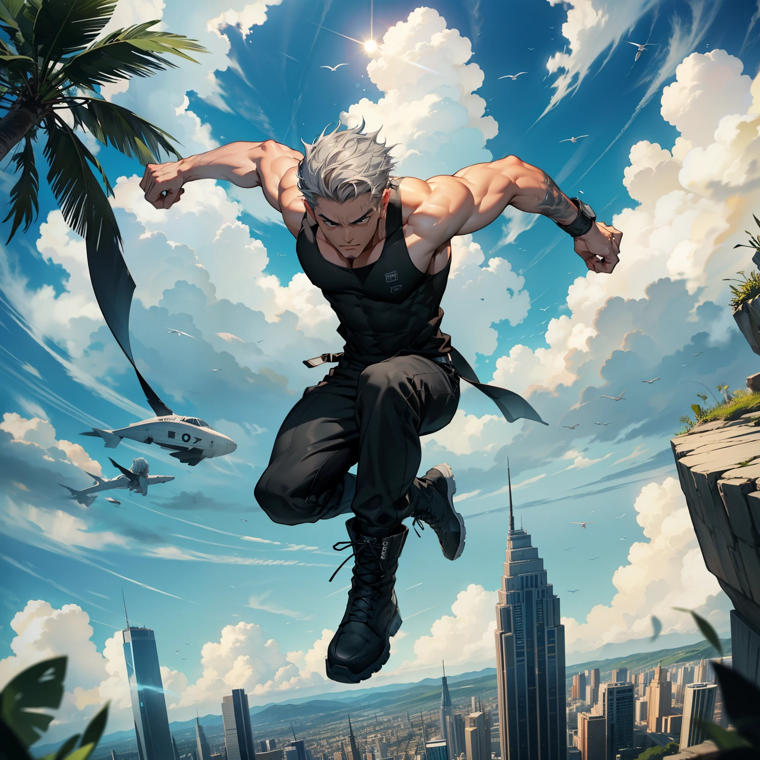 boys 26 Years old, Serious face, muscular, gray hair, ((black long singlets)), black pants, high-cut boots, floating on air, levitate on sky, blue sky, cloud