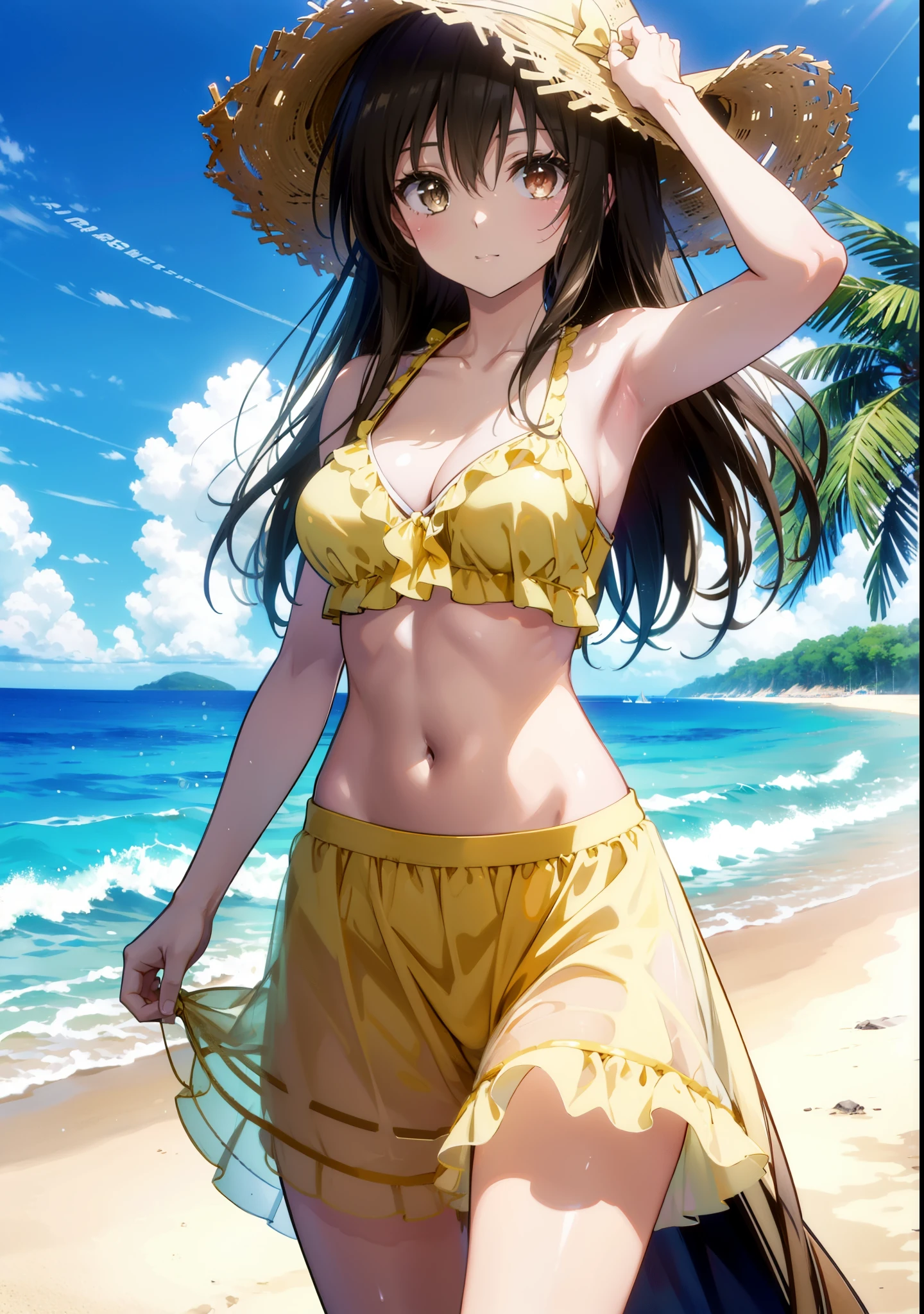 Yuikotegawa, yui kotegawa, Black Hair, (Brown eyes:1.5), Long Hair,Big Breasts,clavicle,smile,Straw hat,Bikini Swimwear,A thin long skirt is wrapped around her waist,Belly button,abdomen, Dancer, gold belly Dancer,whole bodyがイラストに入るように,Strolling on the sandy beach,
break outdoors, Beach,
break looking at viewer, whole body,(Cowboy Shot:1. 5)
break (masterpiece:1.2), Highest quality, High resolution, unity 8k wallpaper,, (shape:0.8), (Beautiful attention to detail:1.6), Highly detailed face, Perfect lighting, Extremely detailed CG, (Perfect hands, Perfect Anatomy),