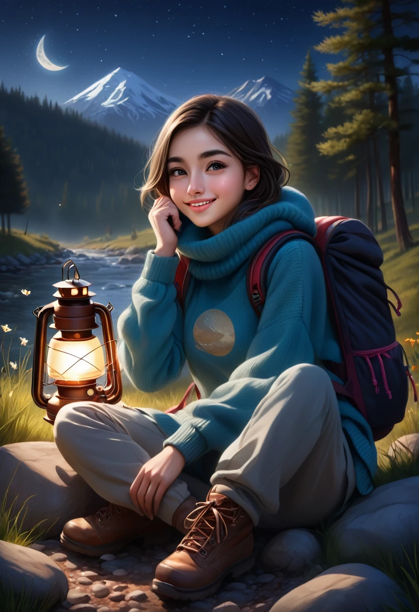 Masterpiece , Realistic,32K, high resolution , a turkish girl hjab,perfect skin,perfect eyes,ultra delicate face, sitting ,((upper body selfie ,happy)), best quality, ultra-detailed, ground, outdoor, (at night), mountains, nature, (stars, moon) cheerful, happy, backpack, bag sleeping, camping stove, water bottle, mountain boots, gloves, sweater, lantern,darkness, forest, stones, river, wood, smoke, shadows, contrast, clear sky, style, (warm hue, warm tone)
