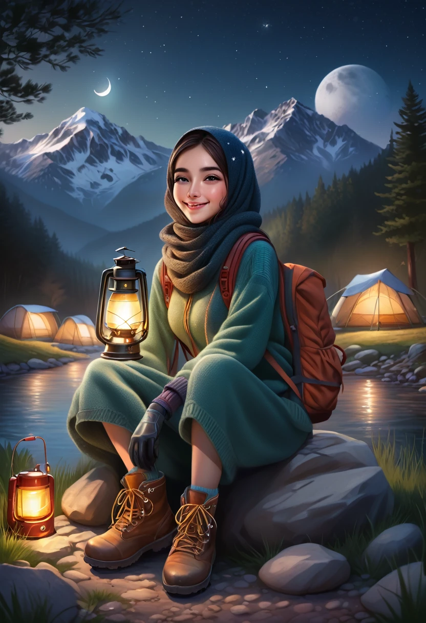 Masterpiece , Realistic,32K, high resolution , a turkish girl hjab,perfect skin,perfect eyes,ultra delicate face, sitting ,((upper body selfie ,happy)), best quality, ultra-detailed, ground, outdoor, (at night), mountains, nature, (stars, moon) cheerful, happy, backpack, bag sleeping, camping stove, water bottle, mountain boots, gloves, sweater, lantern,darkness, forest, stones, river, wood, smoke, shadows, contrast, clear sky, style, (warm hue, warm tone)