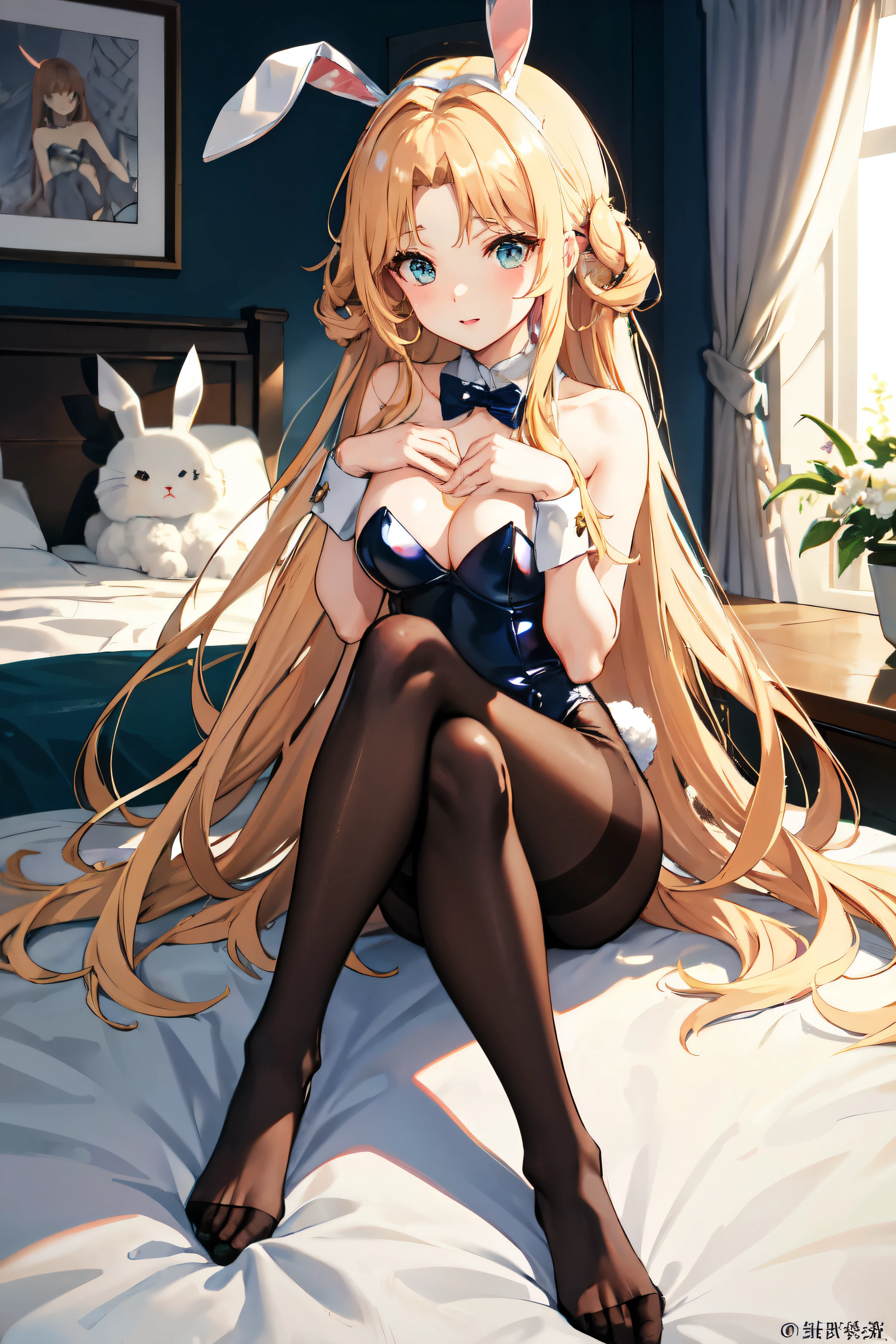 Medusa、destiny、Golden Hair、Long Hair、((pantyhose))、Picture below、Mid-chest、Bedroom、Bunny girlの耳、((Bunny girl))、Sitting cross-legged