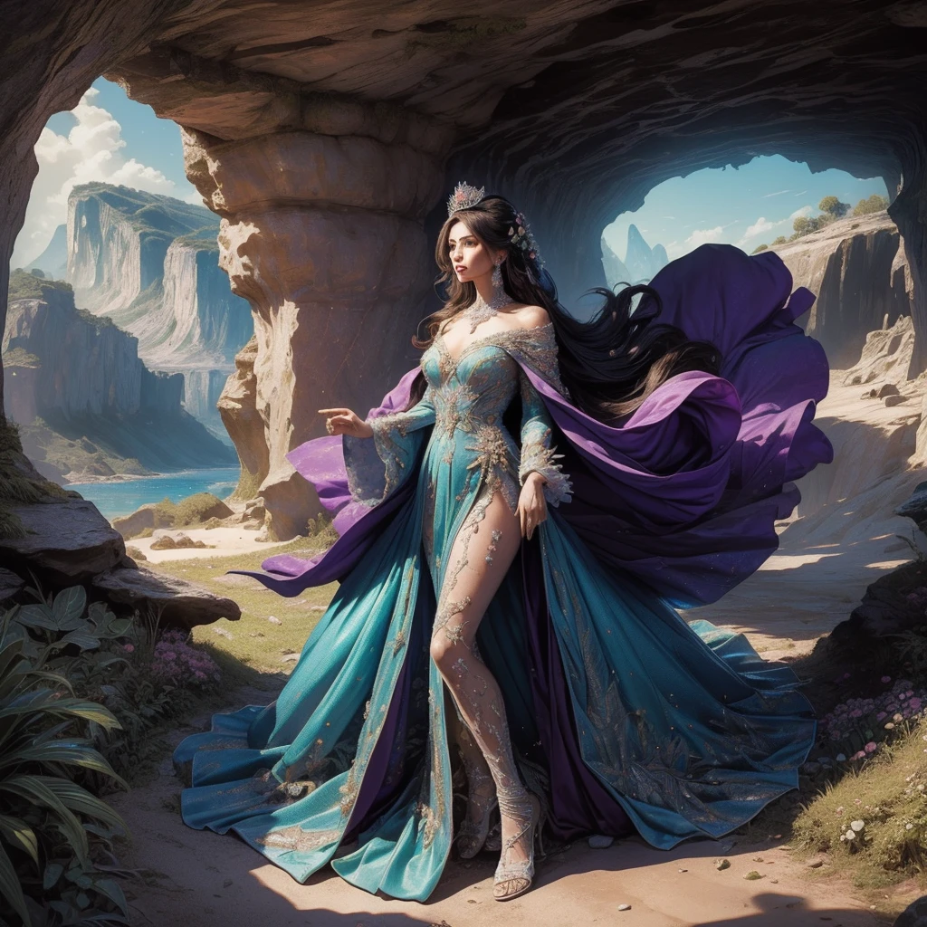 (masterpiece, top quality, best quality, official art, beautiful and aesthetic:1.2), (1maturedgirl), cute, extreme detailed, colorful, highest detailed, royal, princess, crown, scenery,lush foliage,rocky cave formation, purple gown dress in scenery  cave formation wedding