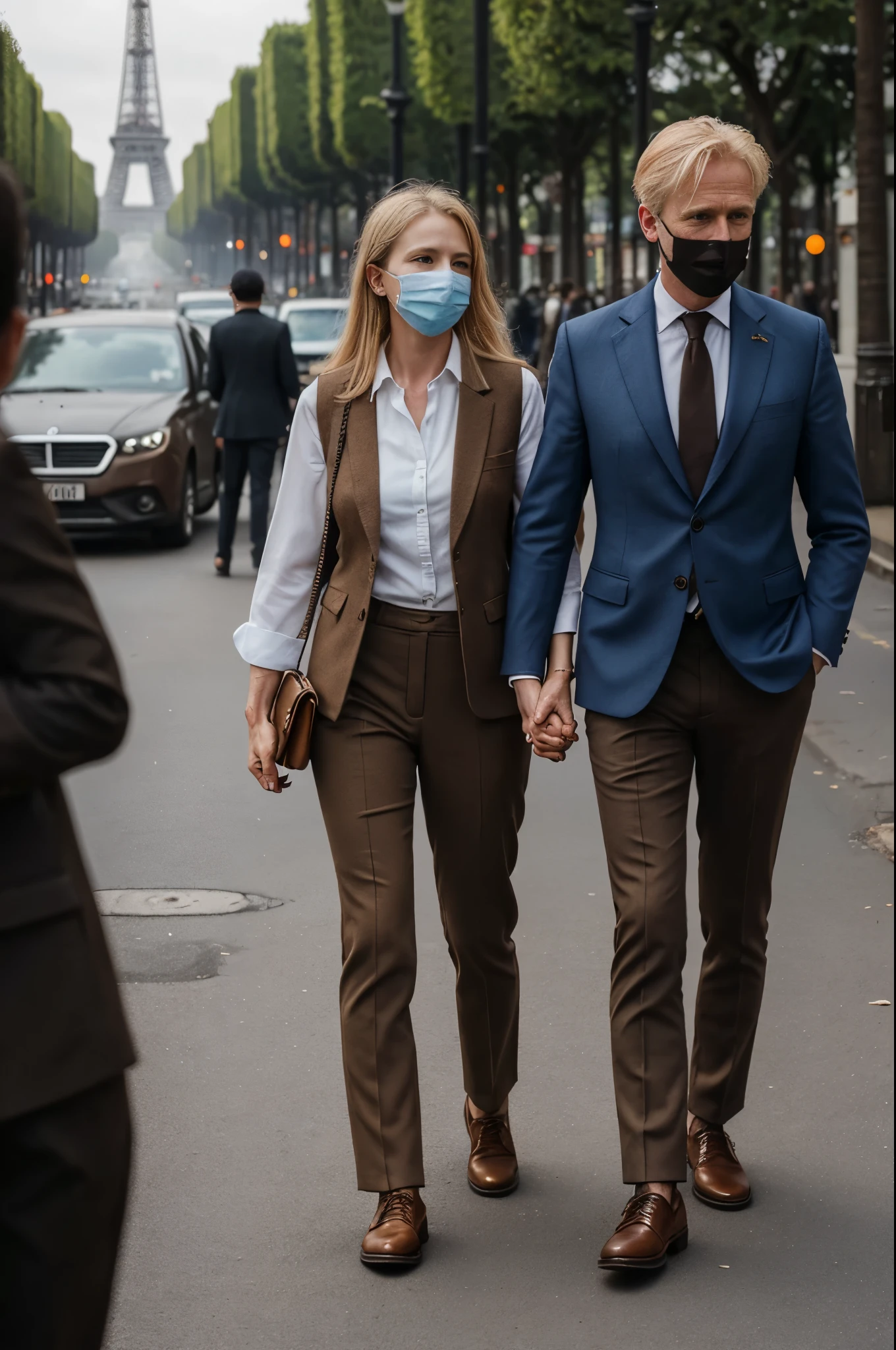Front view, Full-body, couple is standing pose , on street , in Paris, looking Eiffel Tower, everyone nothing people, 2021 years ,(1 male and 1 female is exist), (1 male Englishman, 1 boy is 50 age old), ( blond hair, long hair, handsome face mask, panic ), English gentleman ( blue suit style, suit , vest, pants, (brown shoes)), 1man and 1 woman is couple, looking back, demo , many people striking, black smog, riot UHD, masterpiece, retina, anatomically correct, accurate, textured skin, super detail, high quality, high details,