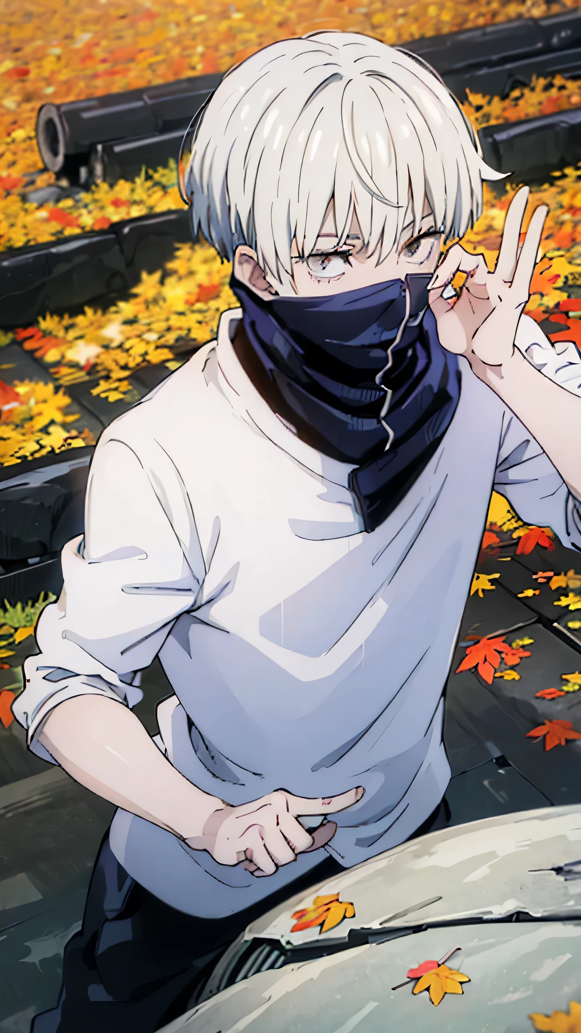 photo of a 21 year old male character with a cool male body shape, an anaime named "toge inumaki" in the film "jujutsu kaisen" white hair, small circular black lines on both cheeks, jujutsu kaisen shirt with a long closed collar up to the black mouth, black trousers, white shoes, standing on a roof tile, with the effect of flying leaves, with a rustic feel. with the appearance of the photo becoming very clear, such as the eyeballs, costumes, body position and fingers.