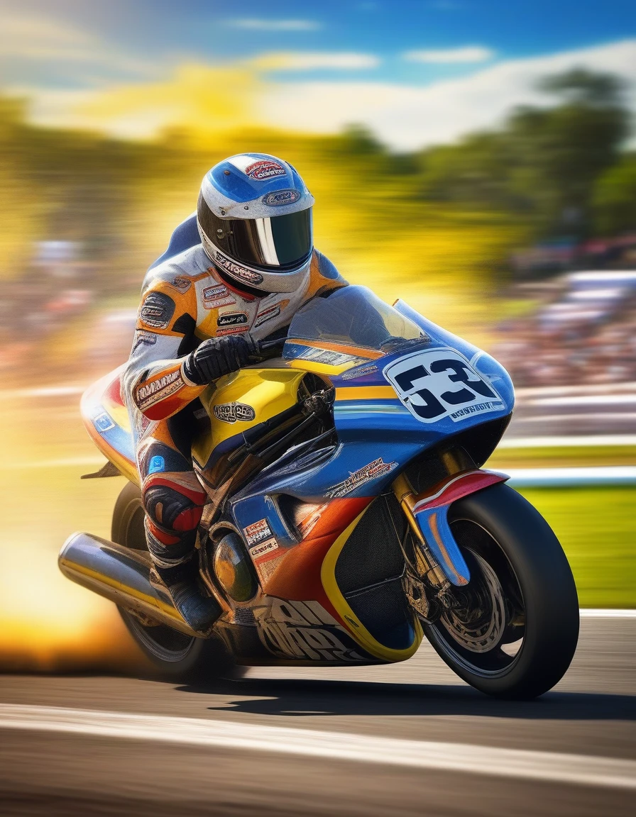 high quality, ultra detailed, photorealistic, dynamic, 1 professional motorcycle racer riding a motorcycle, 2 race queens holding parasols, summer day racetrack, harsh sunlight, motorsports, racing, sports event, action, motion blur, dynamic pose, intense, adrenaline, sweat, dust, speed, energy, vibrant colors, dramatic lighting, cinematic, heroic, epic, masterpiece