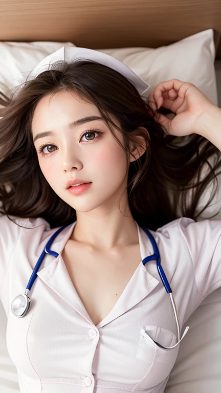 (Lie on your back in bed:1.3), masterpiece、(Professional Portrait、Professional Writing)、Detailed workmanship、High resolution、(8k, High resolution:1.2)、(born, Realistic:1.3)、Highest quality, Slim figure、High resolutionの顔、The face is in focus、High resolutionの目、(Concentrated, Symmetrical pupils:1.2)、High quality and beautiful skin、Firm Skin、Natural Makeup、Gloss lips, High-definition hair texture、(unhooking her cloth:1.3) break (White nursing uniform、White nurse uniform:1.3) BREAK Japanese women、、very cute, (Very embarrassed:1.3), (blush:1.3), Similar faces&#39;I am going to cry:1.3、(Look up at the camera:1.2)、(color々Easy-to-shoot angle:1.3)、Mid-chest, Browsing Caution, Cleavage, (Open your mouth),Nipples