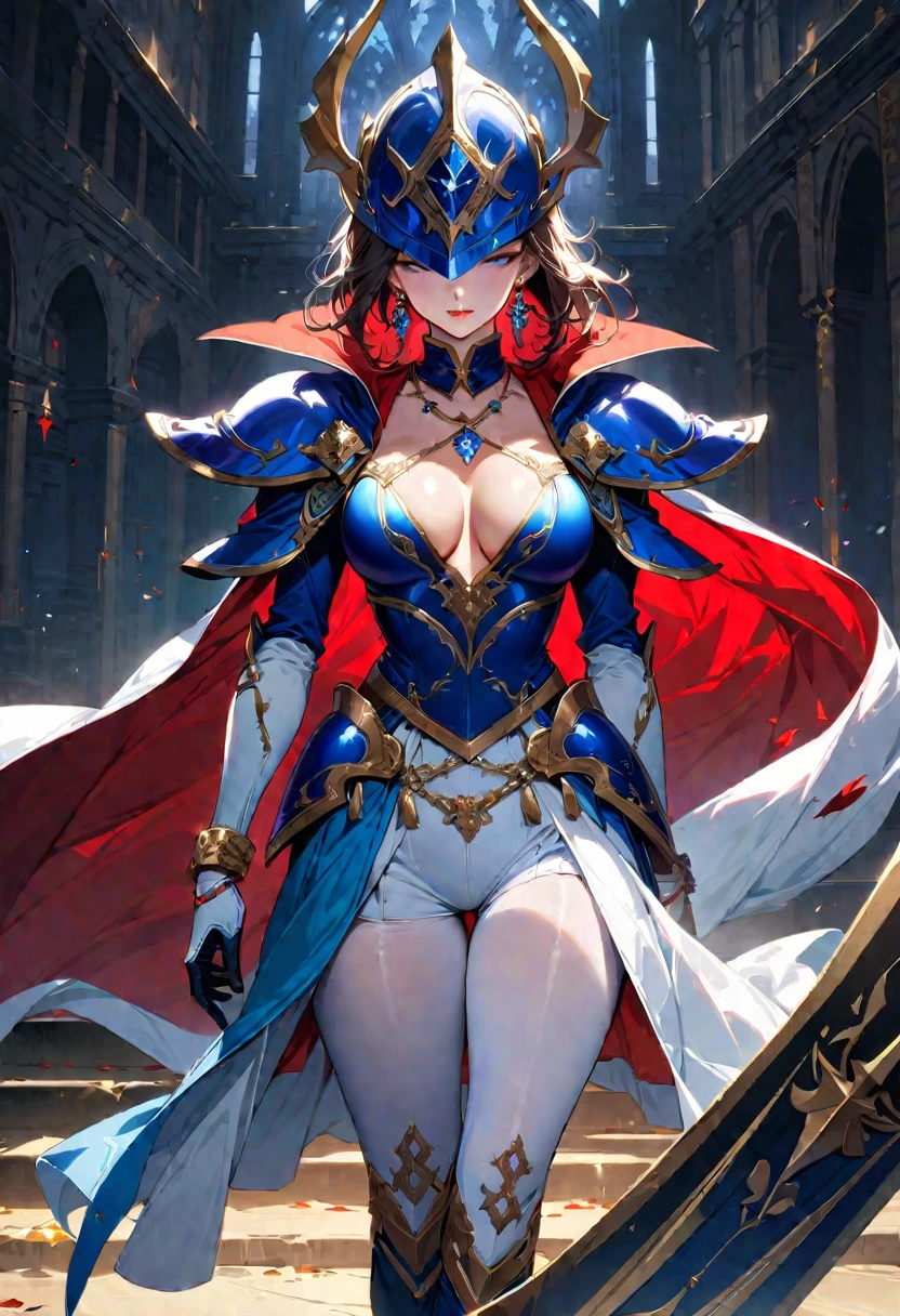 1 young beautiful woman,(Highest quality,Extremely detailed depiction,Incredibly absurd high resolution,Anatomically accurate depiction,Curvy Legs),(Glowing Skin,Shiny skin),(A female swordsman with a noble air),(Blue Armor,Blue Boots,Metal embroidery,Transparent gemstones and precious metals decoration,Exquisite armor detailing,Holy sword,Valkyrie Helmet,Cape,White tights),(Blue Eyes,Half-closed eyes:1.3,Shadowed face,lipstick,There is cleavage in the chest,Cool look),eyelash,Luxury accessories,Earrings,necklace,Bracelet,Standing posture