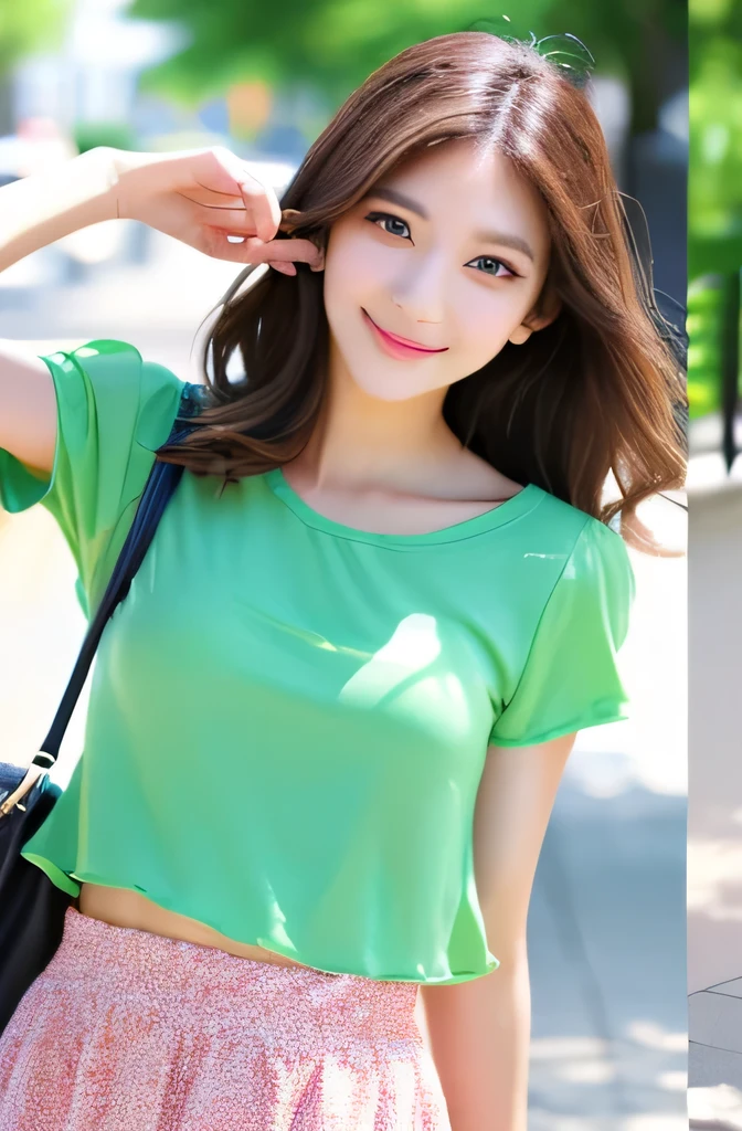 Beautiful woman with beautiful eyes and nose、Beautiful as a model、Cute like a model、Double Eyes、Regular use of mascara、Eye color: green、hair color: pink、Her face is delicate and elegant.、8k images、Real Photo、Beautiful style like a model、Normal Large 、A fresh and lovely smile、Yellow blouse、Plain orange mini skirt、University campus on a sunny day、Pose like a model、Full Portrait、snap shot、Get a second bag、Summer clothing、
