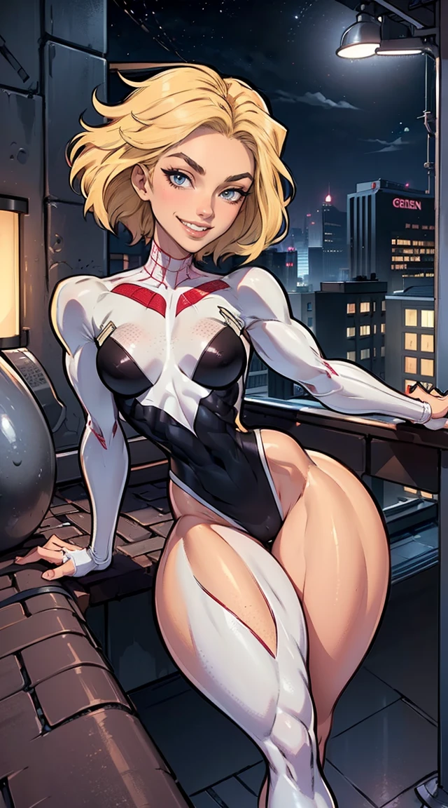 (Muscular:1.5), (thick thighs:1.5), 
(gwen stacy, blonde hair:1.4), beauty mark, freckles,
detailed eyes, (big smile:1.5), detailed skin,
(small breasts:1.5),
full bodysuit,
(upper body view), (looking at viewer), (three quarter view),
(rooftop at night), rim lighting, two tone lighting, dimly lit, bokeh