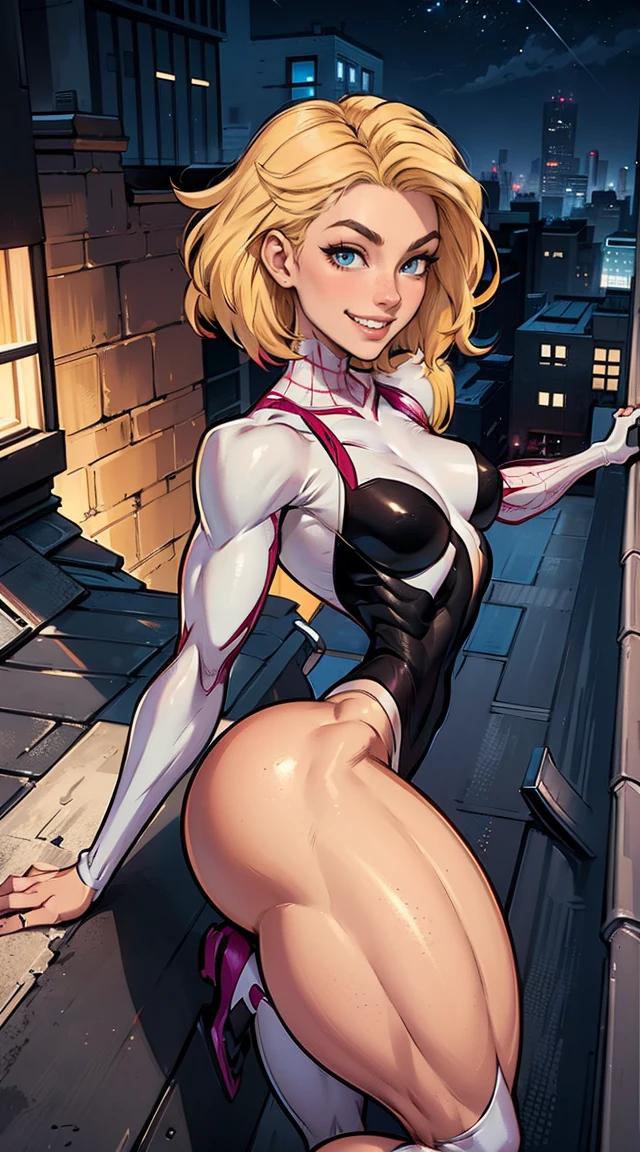 (Muscular:1.5), (thick thighs:1.5),
(gwen stacy, blonde hair:1.4), beauty mark, freckles,
detailed eyes, (big smile:1.5), detailed skin,
(small breasts:1.5),
full bodysuit,
(upper body view), (looking at viewer), (three quarter view),
(rooftop at night), rim lighting, two tone lighting, dimly lit, bokeh