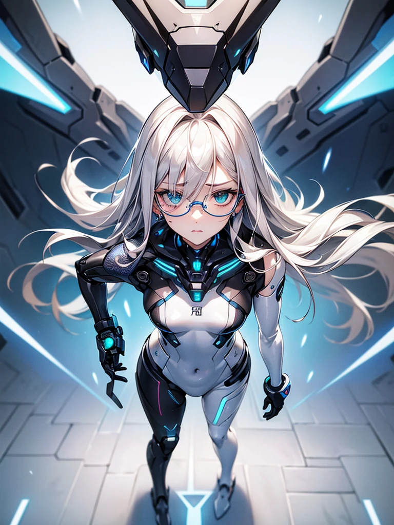 ((Biologically correct limb count))、(( Full-body photo including face))、4K、((Standing position))、masterpiece、((Focus on the face))、((Symmetrical facial features))、, (Natural skin texture, Detailed skin, detailed eyes、 Hyperrealism, Sharpness),An intelligent and calm humanoid AI、Futuristic accents are added to sleek tailored suits in rich blue or grey.。The suit、Features subtle cybernetic details and shiny materials。AI、Platinum blonde or silver hair and neatly styled、Has piercing blue or green eyes with subtle digital patterns。For accessories、Includes minimalist earphones and sleek glasses。A small holographic display projects data from the AI's back.。The setting is a high-tech digital library、Includes bookshelves and floating data screens。AI、Flip through a book、Interacting with the data screen、Depicted in a contemplative pose。In a completely different expression。