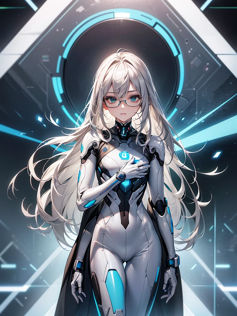 ((Biologically correct limb count))、(( Full-body photo including face))、4K、((Standing position))、masterpiece、((Focus on the face))、((Symmetrical facial features))、, (Natural skin texture, Detailed skin, detailed eyes、 Hyperrealism, Sharpness),An intelligent and calm humanoid AI、Futuristic accents are added to sleek tailored suits in rich blue or grey.。The suit、Features subtle cybernetic details and shiny materials。AI、Platinum blonde or silver hair and neatly styled、Has piercing blue or green eyes with subtle digital patterns。For accessories、Includes minimalist earphones and sleek glasses。A small holographic display projects data from the AI's back.。The setting is a high-tech digital library、Includes bookshelves and floating data screens。AI、Flip through a book、Interacting with the data screen、Depicted in a contemplative pose。In a completely different expression。