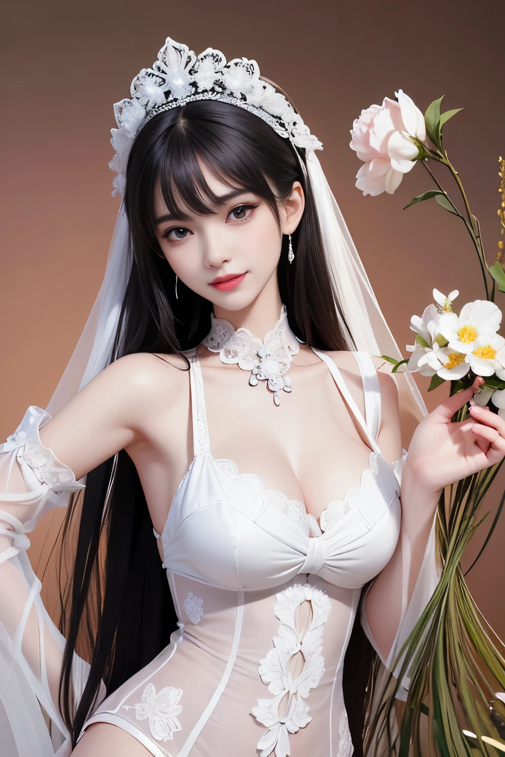 best quality、tmasterpiece、ultra high resolution、actual、1 girl、Glossy skin、((Surreal detailed))、Global photo、8K、Highly complex details、shinning eyes、Black straight hair、highkey、pureerosfaceace_v1、A smile、Elegant pose、plump breasts、White ultra-thin transparent lace、Lots of flowers in the background