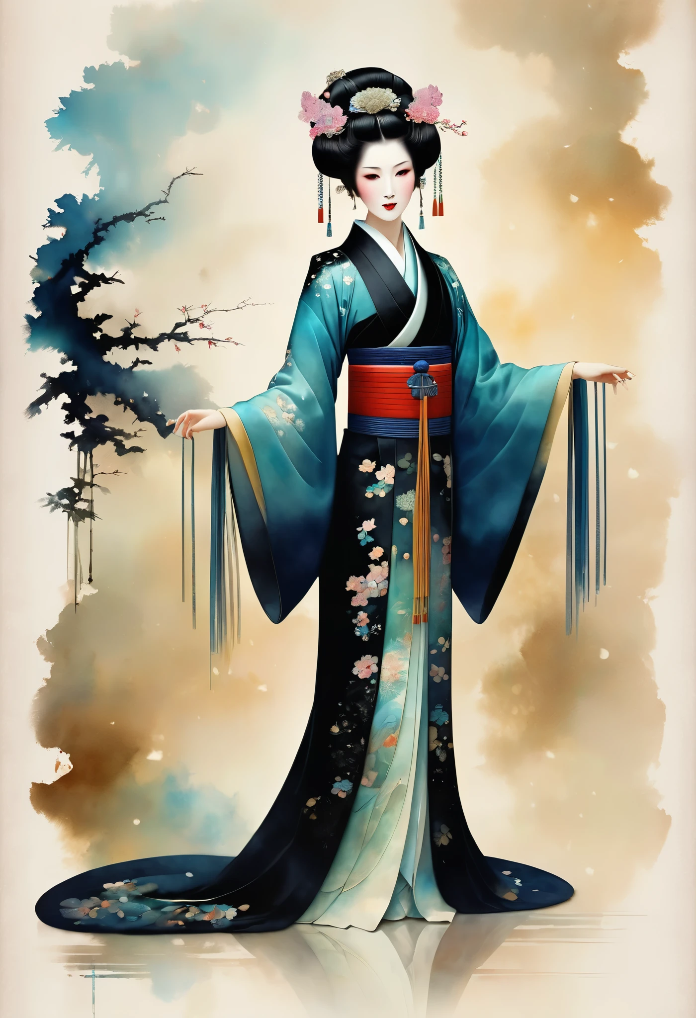 (full body:1.8), portrait of a beautiful japanese empress, blue glowing eyes, imposing look, strong pose, porcelain skin, long black hair, ornate traditional robe, Harrison Fisher and Catrin Welz-Stein art style, vivid colors, highly detailed, cinematic lighting, dramatic pose, elegant, graceful, regal, intricate details, masterpiece, photorealistic, 8k, best quality