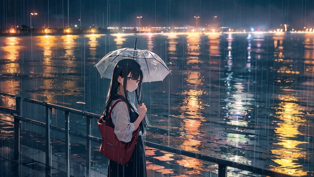 With(8k, RAW Photos, Highest quality, masterpiece:1.2), High-quality RAW color photos,傘をさしてin the rainに立っている人がいる, Rainy night, it's raining at night, Dark glowing rain, it is night and it's raining, late night it's raining, Rainy night, It rains, Rainy landscape, Pouring Rain, Rainy stormy night, Rainy mood, Awesome Wallpapers, Aesthetics of Rain, 強いRainy night, in the rain, It rains, rainy atmosphere, it's raining