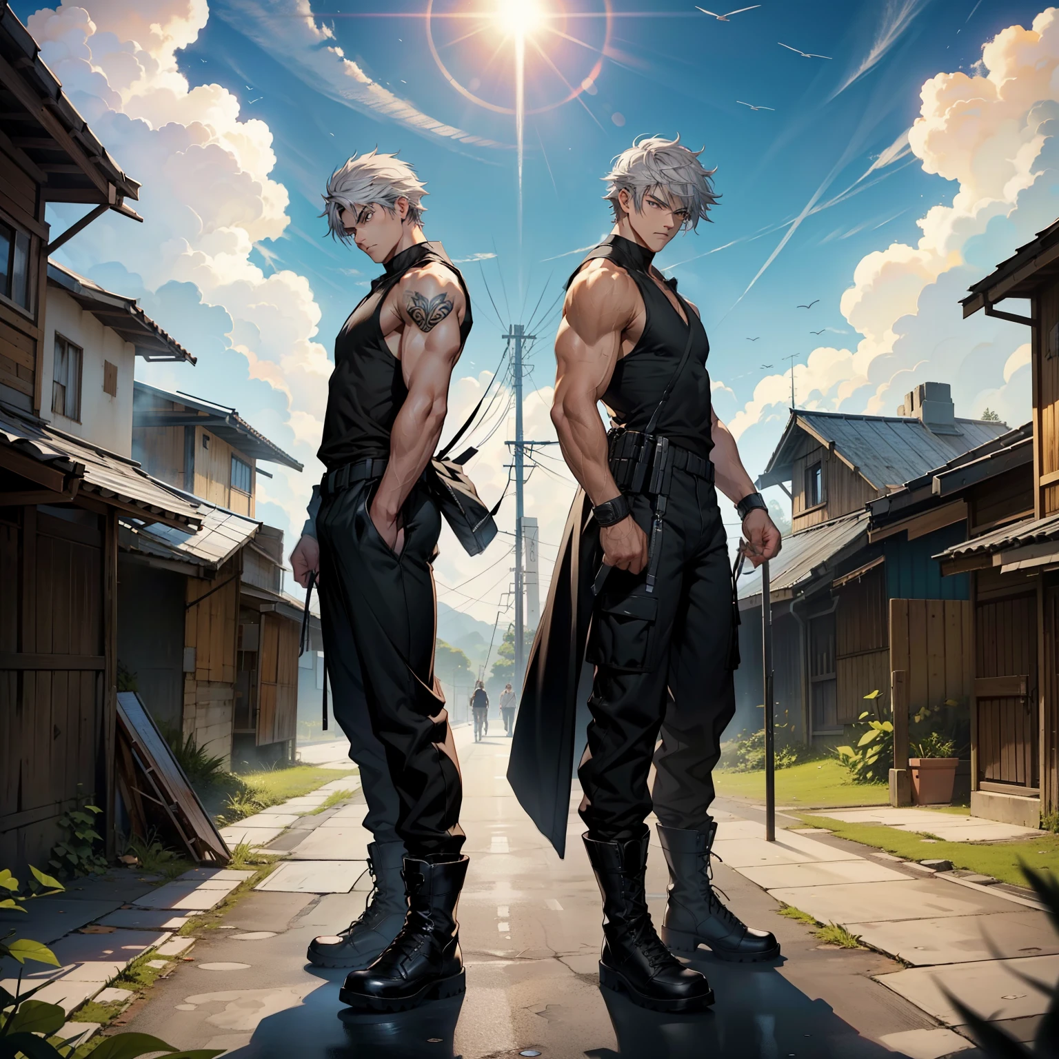boys 26 Years old, Serious face, muscular, gray hair, ((black long singlets)), black pants, high-cut boots, floating on air, levitate on sky, blue sky, cloud