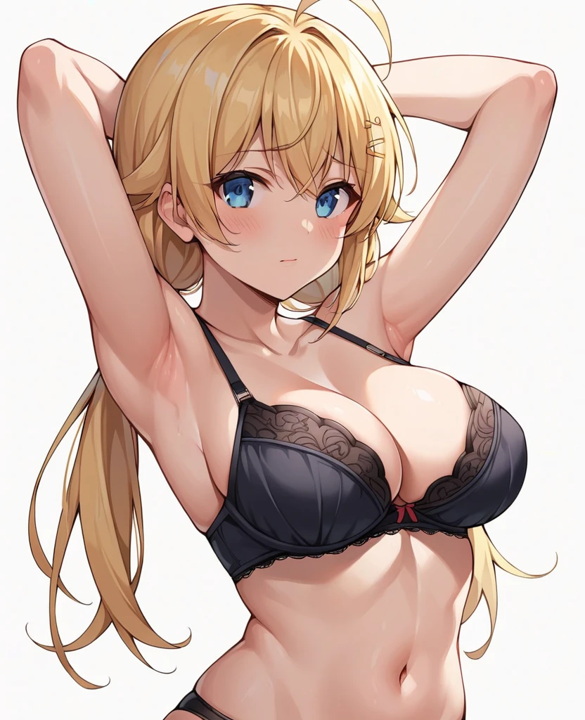 score_9, score_8_up, score_7_up, source_anime, rating_explicit, hachimiya meguru, 1girl, solo, blonde hair, ahoge, hair ornament, low twintails, long hair, blue eyes, blush, closed mouth, collarbone, bare shoulders, armpits, arms up, presenting armpits, large breasts, cleavage, lingerie, black bra, navel, black panties, looking at viewer, simple background, white background, cowboy shot, 