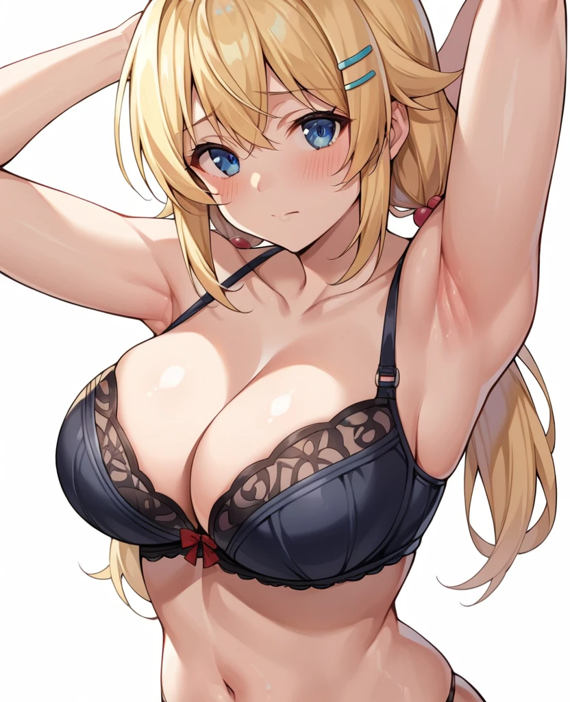 score_9, score_8_up, score_7_up, source_anime, rating_explicit, hachimiya meguru, 1girl, solo, blonde hair, ahoge, hair ornament, low twintails, long hair, blue eyes, blush, closed mouth, collarbone, bare shoulders, armpits, arms up, presenting armpits, large breasts, cleavage, lingerie, black bra, navel, black panties, looking at viewer, simple background, white background, cowboy shot, 