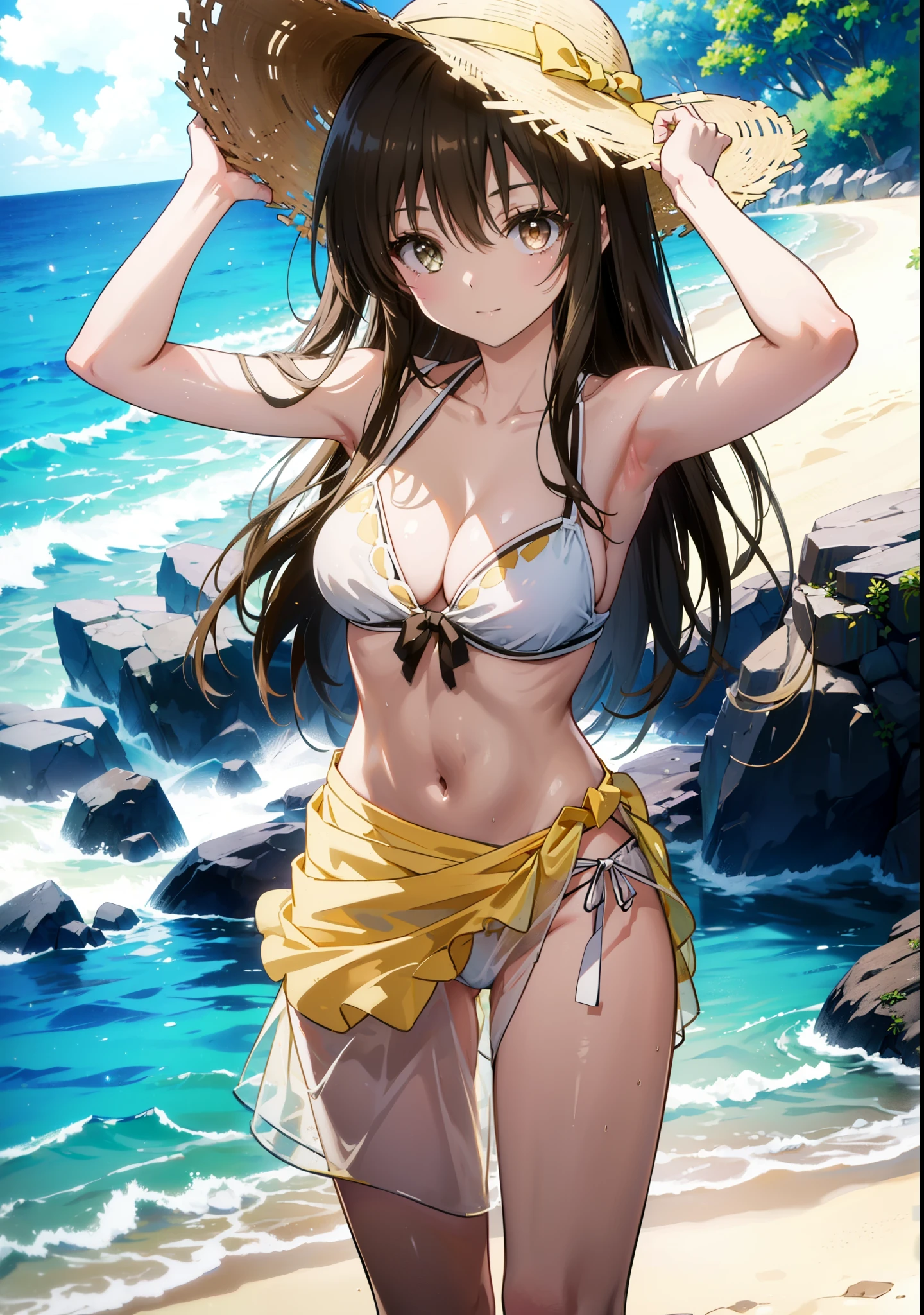 Yuikotegawa, yui kotegawa, Black Hair, (Brown eyes:1.5), Long Hair,Big Breasts,clavicle,smile,Straw hat,Bikini Swimwear,A thin long skirt is wrapped around her waist,Belly button,abdomen, Dancer, gold belly Dancer,whole bodyがイラストに入るように,Strolling on the sandy beach,
break outdoors, Beach,
break looking at viewer, whole body,(Cowboy Shot:1. 5)
break (masterpiece:1.2), Highest quality, High resolution, unity 8k wallpaper,, (shape:0.8), (Beautiful attention to detail:1.6), Highly detailed face, Perfect lighting, Extremely detailed CG, (Perfect hands, Perfect Anatomy),