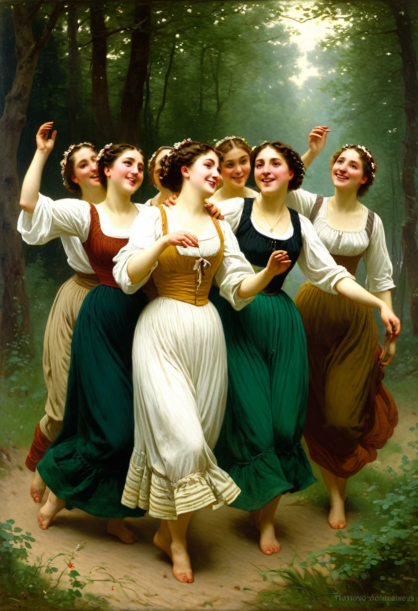 Painting depicting a group of antique women dancing in the forest, ‘Antique Round Dance’ by Jules Scalbert, Tuomas Korpi Bouguereau, based on Theodore Chassereau, Jean Henri Gaston Giraud, based on Theodore Chassereau, Hans Zatzka, Hans Zatzka, Léon François Comerre, Hans Zatzka, Jules Julienne