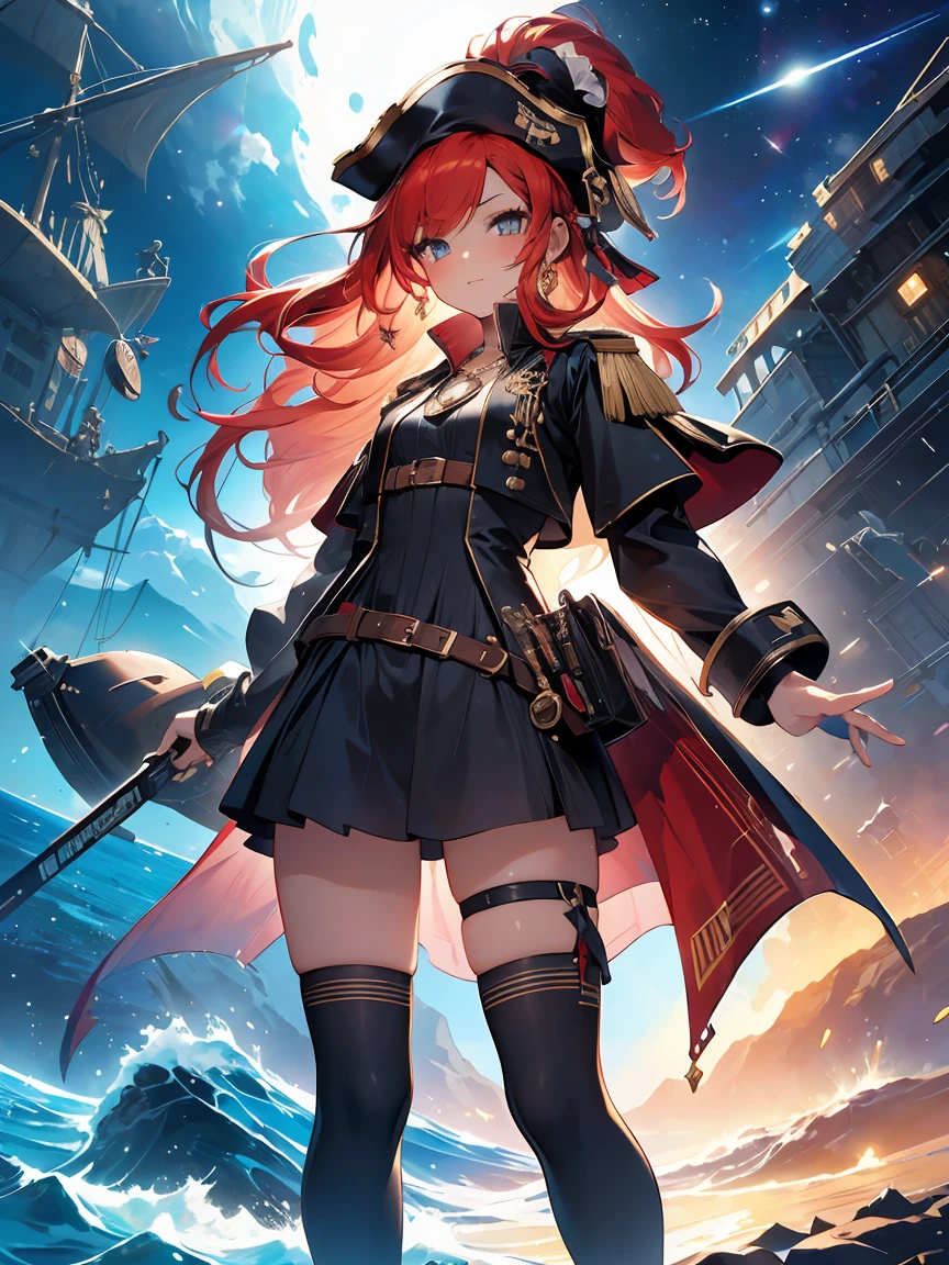 (high resolution) , (best qualityer),(4 k image),(detailedeyes),(body detailed). (1 girl , big red hair),(very small chest), dressed as a special pirate captain,( black and red pirate clothes),with a lollipop, magica,entire body visible,standing (sample body,to the feet)with your feet on a space boat, in the sea of space.