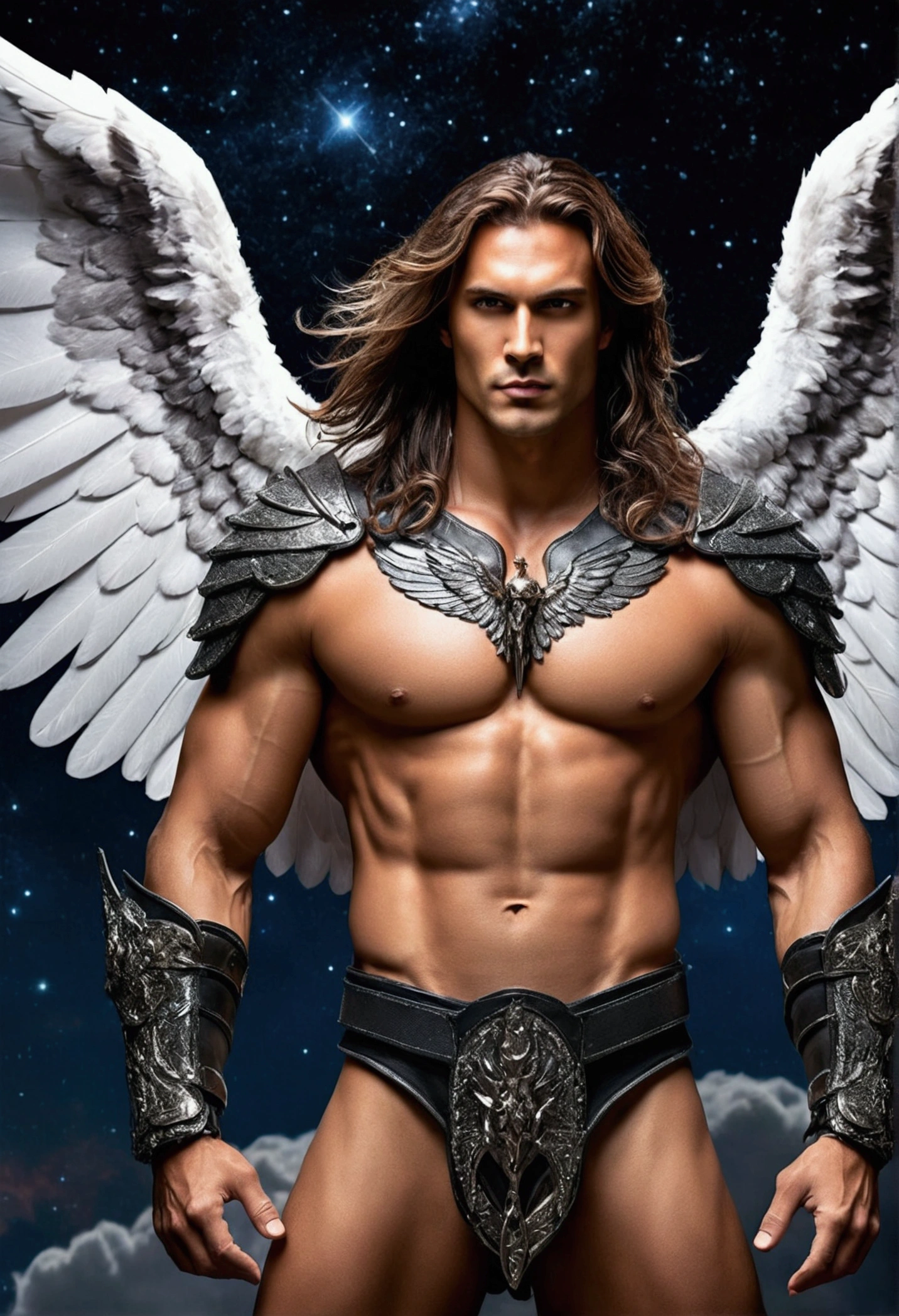 dark angel realistic masculine and rustic man with strong chest with hair with sexy body, highlighting his big dick in his warrior armor with a sword in his hand long hair, sexy mouth sexy look penetrating wings open completely black realistic long and open floating on the starry sky frame the entire body and wings in the image