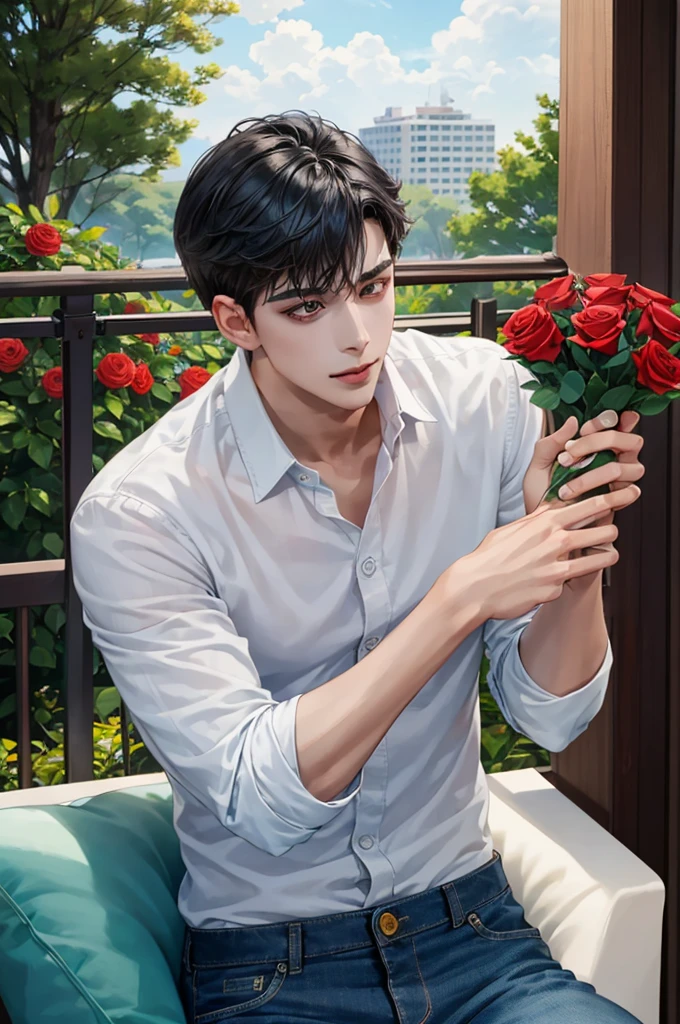 （Hoan Lap，High resolution，Hyper Detail，Hmph），masterpiece，Highest quality，One boy ，good looking，Black Hair，Beautiful eyes and detailed features，White shirt，denim、Bouquet of red roses in hand、Cafe Terrace，Selfie，Light Smile，（Turquoise Eyes）