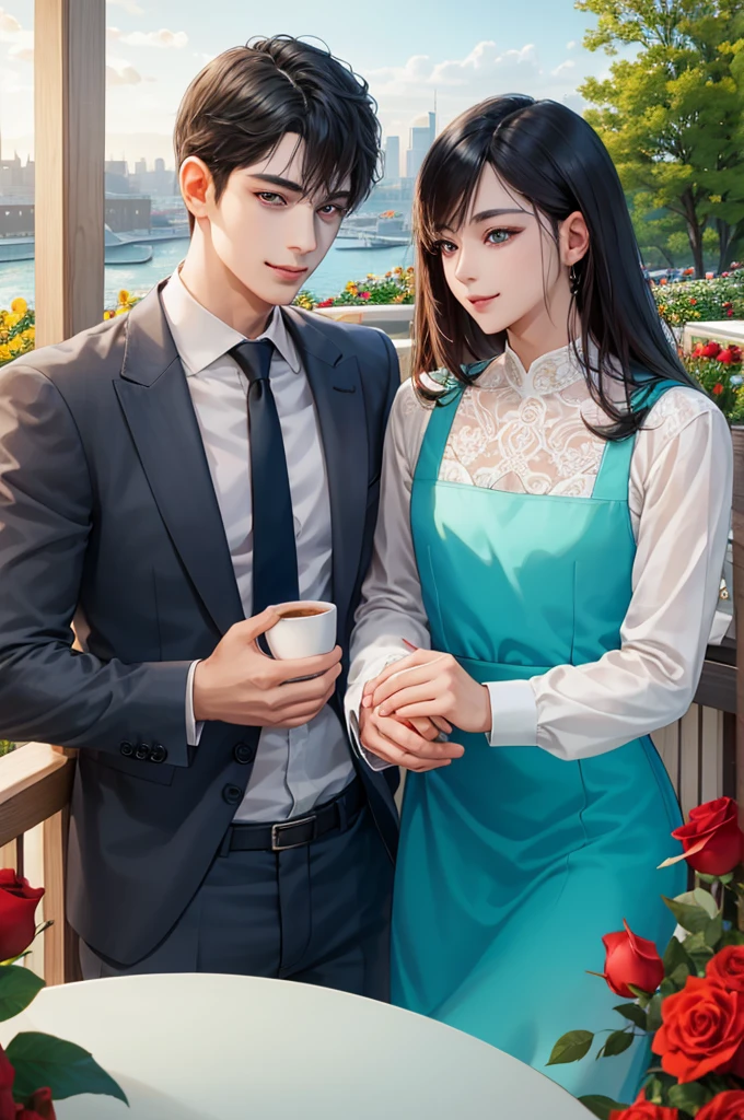（Hoan Lap，High resolution，Hyper Detail，Hmph），masterpiece，Highest quality，One boy ，good looking，Black Hair，Beautiful eyes and detailed features，White shirt，denim、Bouquet of red roses in hand、Cafe Terrace，Selfie，Light Smile，（Turquoise Eyes）