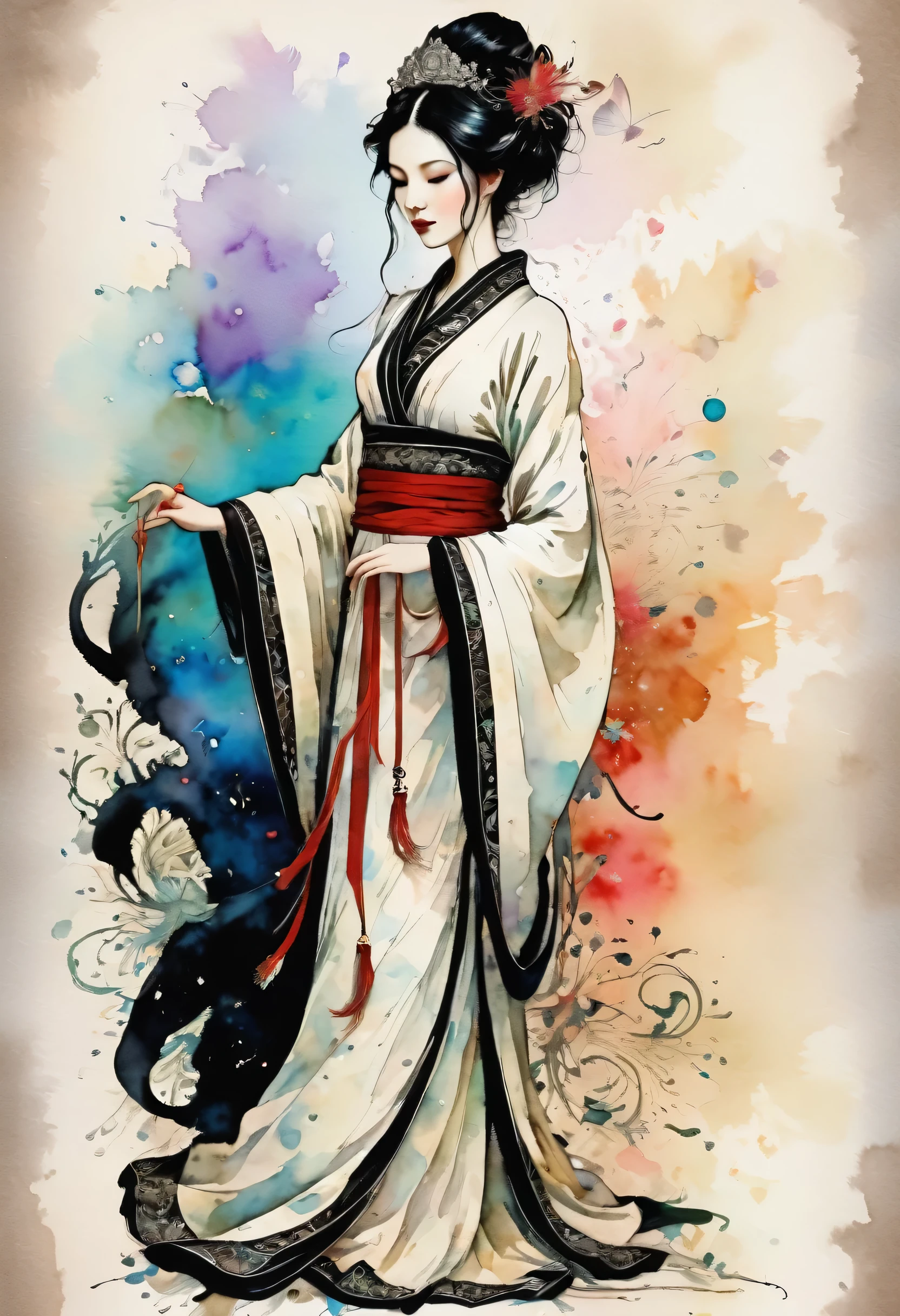 a beautiful empress, Porcelain white, black hair, wears a traditional decorated robe, Harrison Fisher and Catrin Welz-Stein, Pen and ink lines, calligraphic lines, Vivid colors, muito detalhado, ((full body picture))