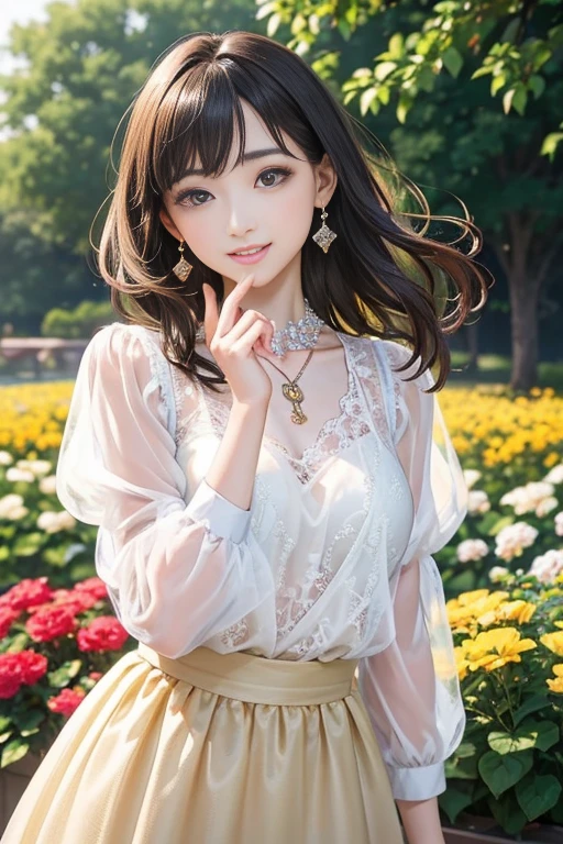 (Highest quality、 8k 、masterpiece、High resolution)、wallpaper、Young Woman、Ample breasts、Slender beauty、(Brown and black medium、My hair is blowing in the wind、Flows backwards)、whole body、 (Beautiful Face,Beautiful Eyes,Beautiful nose,Pretty lips)、(Flower Earrings、silver heart pendant necklace)、(Feminine Style、3/4 Sleeve Lace Blouse、Tulle skirt)、Her mouth opens slightly and a smile appears.、Dynamic pose、Outdoor、garden、Colorful flowers、looking at the camera、Professional Lighting、Professional photographer、