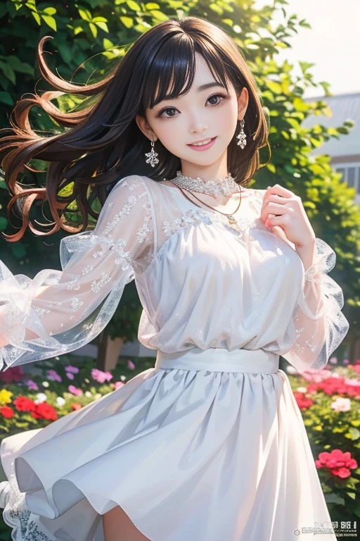 (Highest quality、 8k 、masterpiece、High resolution)、wallpaper、Young Woman、Ample breasts、Slender beauty、(Brown and black medium、My hair is blowing in the wind、Flows backwards)、whole body、 (Beautiful Face,Beautiful Eyes,Beautiful nose,Pretty lips)、(Flower Earrings、silver heart pendant necklace)、(Feminine Style、3/4 Sleeve Lace Blouse、Tulle skirt)、Her mouth opens slightly and a smile appears.、Dynamic pose、Outdoor、garden、Colorful flowers、looking at the camera、Professional Lighting、Professional photographer、