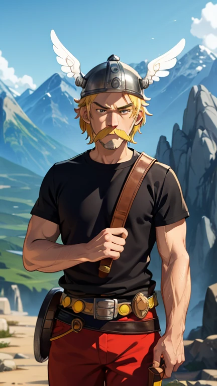 (1man, Asterix, blonde hair, black top, ancient viking, viking helmet with wings, facial hair, mustache, red pant), (extremely detailed CG unit 8k wallpaper),(master part), (best quality), (ultra detali), (best illustration),(melhor ombre), cowboy shot, (Sharp eyeliner, ombre, detailed eyes:1), mountains in the background, ranch land, ,break , (ghibli style), upper body