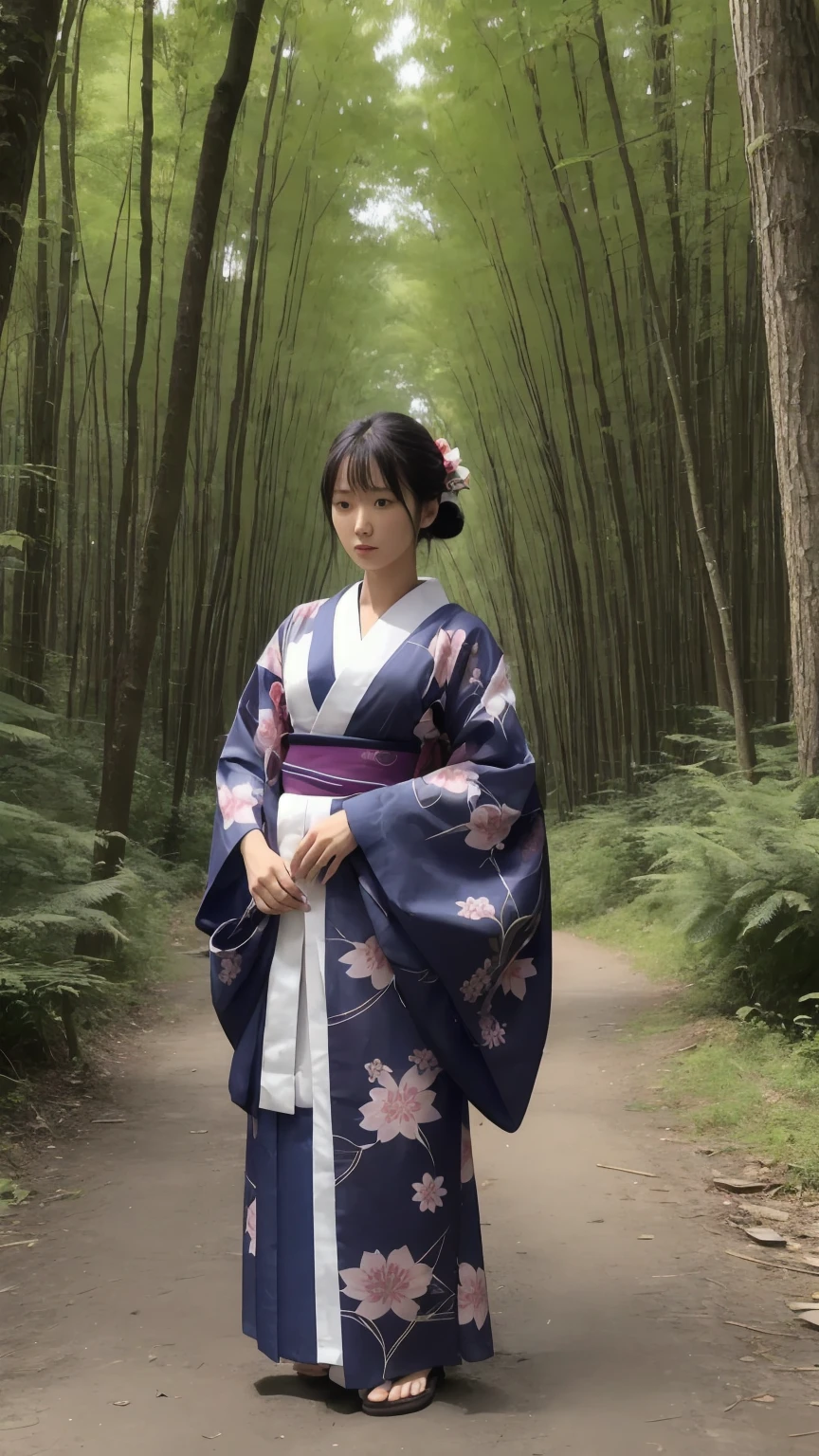 Please draw the following image.It is an image of a long-necked yokai called rokurokubi that looks like a human.The yokai has a long neck and looks like a woman wearing a Japanese kimono.The female yokai stands in a forest at night.Her white, smooth neck is more than 5 meters long.And its neck is so wrapped around the trees in the forest that it cannot move.