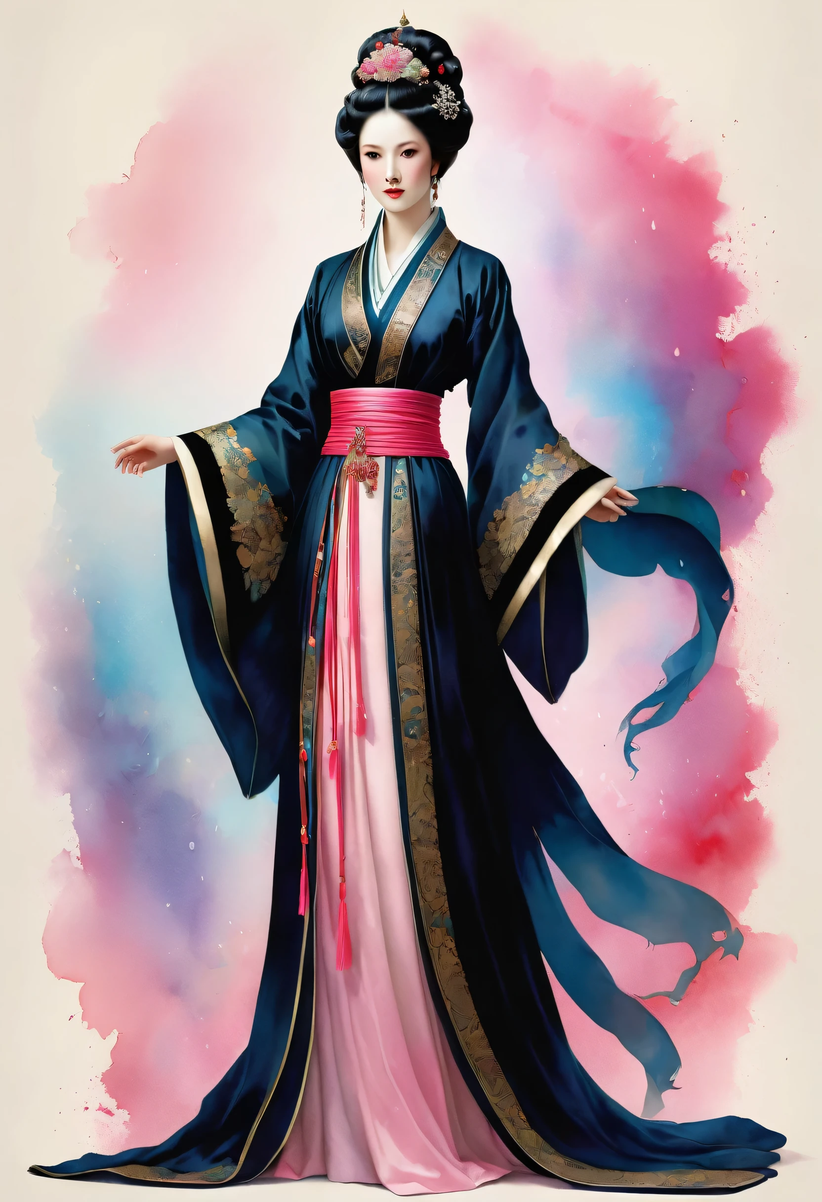 (Full body:1.8), Portrait of a beautiful empress, blue glowing eyes, impressive appearance, Strong Pose, porcelain skin, long black hair, richly decorated traditional robe, Art style by Harrison Fisher and Catrin Welz-Stein, Vivid colors, Pink color palette, muito detalhado, cinematic lighting, dramatic pose, elegant, graceful, shelf, Intricate detailing, masterpiece, photorealestic, 8k, best quality