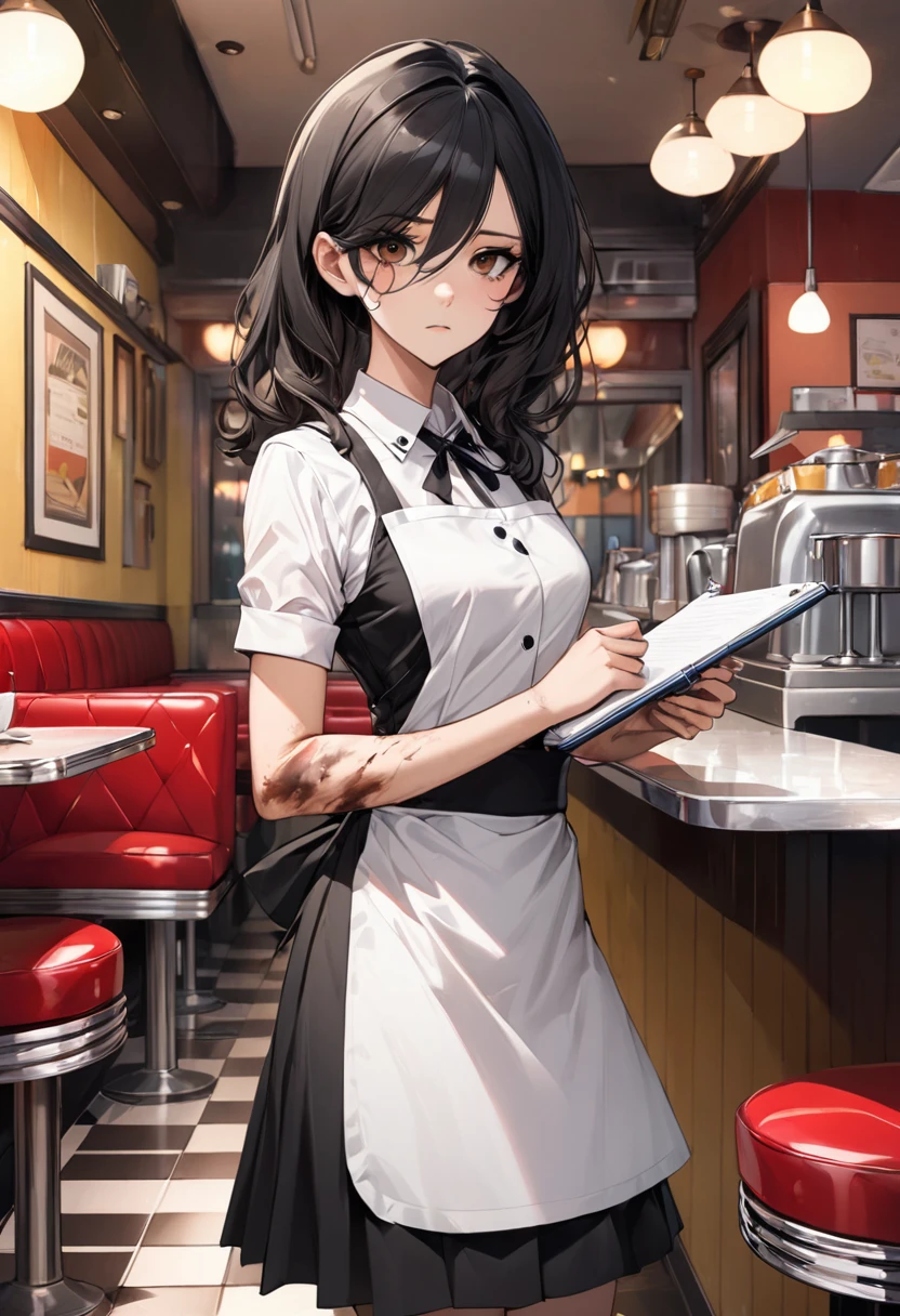 Illustration, 24 year old woman, medium black hair, brown eyes, pretty, tired, bad bruise on eye, light bruise on arm, expressionless, waitress outfit, diner, standing, looking at viewer, holding notepad