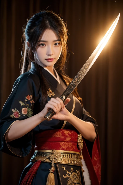 Highest quality、High resolution、Very detailed、Detailed Background、A beautiful 27 year old woman、Warrior、dragon tattoo on arm、Japanese swordMasamune Meiji、(Blade length: 2 feet 4 inches、Handle length 25cm、The part is woven with red and black threads..、The swallow is golden)、Japanese sword、Sharp eyes、enemy'Blood is flowing to my cheeks、In the woods、Armor and helmet from the Sengoku period of Japan、(Takeda Shingen)(Red and gold armor)、blonde、short hair、Realistic Face、Swing your sword down、Delicate eyes、Laugh a little、Like a fight scene in a live-action movie、More realistic battle scenes、On the cheeks、enemyWarriorの返り血、Burning castle in the background、Sparks fly、Japanese sword(Masamune Meiji)Hold with both hands、