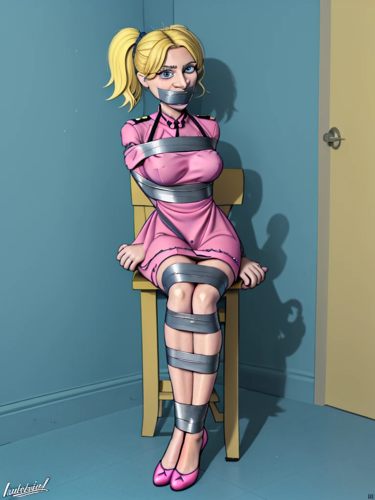 detailed portrait of a cartoon woman with blonde hair and blue eyes, beautiful detailed eyes and face, long eyelashes, woman sitting on a chair with tied ankles and arms, tape gagging her mouth, wearing a pink mini dress, photorealistic, masterpiece, ultra-detailed, 8k, best quality