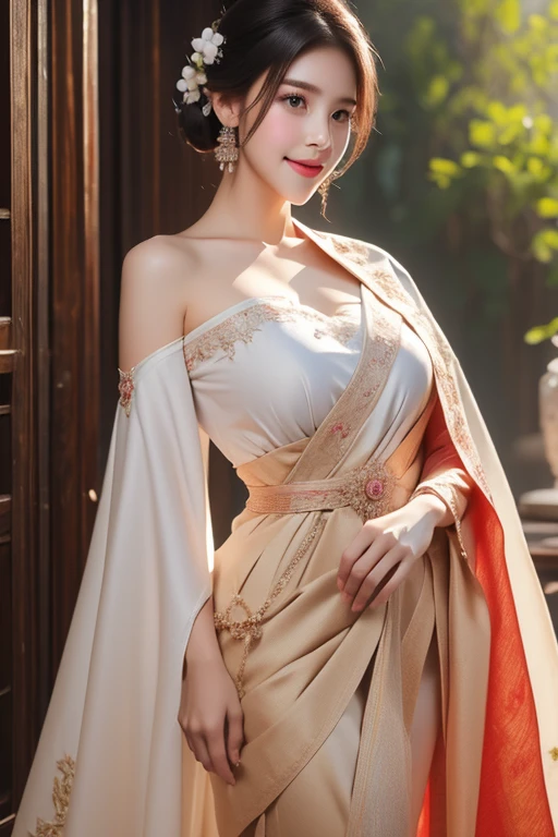 (raw photos:1.2), (realistic:1.4), (Masterpiece:1.3), (best quality:1.4), Ultra high resolution, (Detailed eyes), (Detailed facial features), (Detailed clothing features), HDR, 8K resolution, Focus only, Dressing according to Thai tradition, traditional shawl , 1 woman , shy smile, Huge breasts, A gigantic rift, Big breasts push up clothes, big breast, fully grown breasts, Enhance your breasts to make them enormous., small waist, Long legs, Facing the audience, Full body, depth of field, Cinema-grade lighting, large breasts, Large breasts that cannot be covered completely