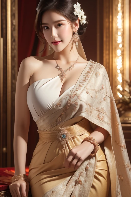 (raw photos:1.2), (realistic:1.4), (Masterpiece:1.3), (best quality:1.4), Ultra high resolution, (Detailed eyes), (Detailed facial features), (Detailed clothing features), HDR, 8K resolution, Focus only, Dressing according to Thai tradition, traditional shawl , 1 woman , shy smile, Huge breasts, A gigantic rift, Big breasts push up clothes, big breast, fully grown breasts, Enhance your breasts to make them enormous., small waist, Long legs, Facing the audience, Full body, depth of field, Cinema-grade lighting, large breasts, Large breasts that cannot be covered completely